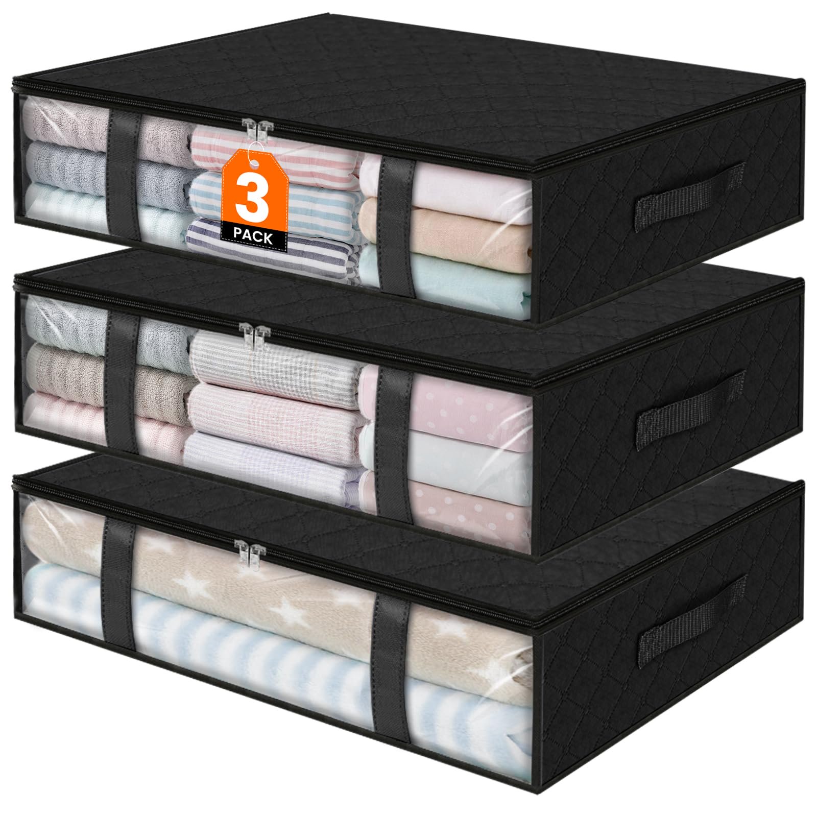 Under Bed Storage Bins, 3-Pack 40L Foldable Fabric Storage Bags with Transparent Window, Breathable Organizer for Clothes, Blanket, Comforter, Quilt, Black