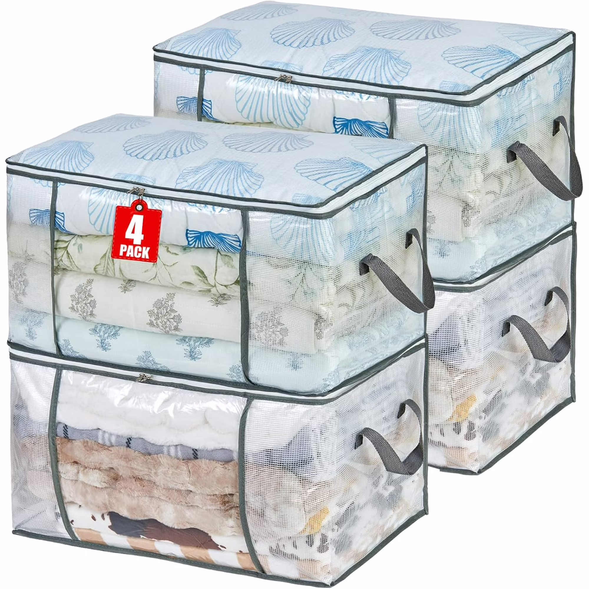 80L Clear Large Storage Bag, Clothes Storage Containers for Organizing Closet, Bedroom, Underbed, Comforters, Clothing, Blankets, Pillow, Foldable Organizer with Sturdy Handle and Zippers (4)