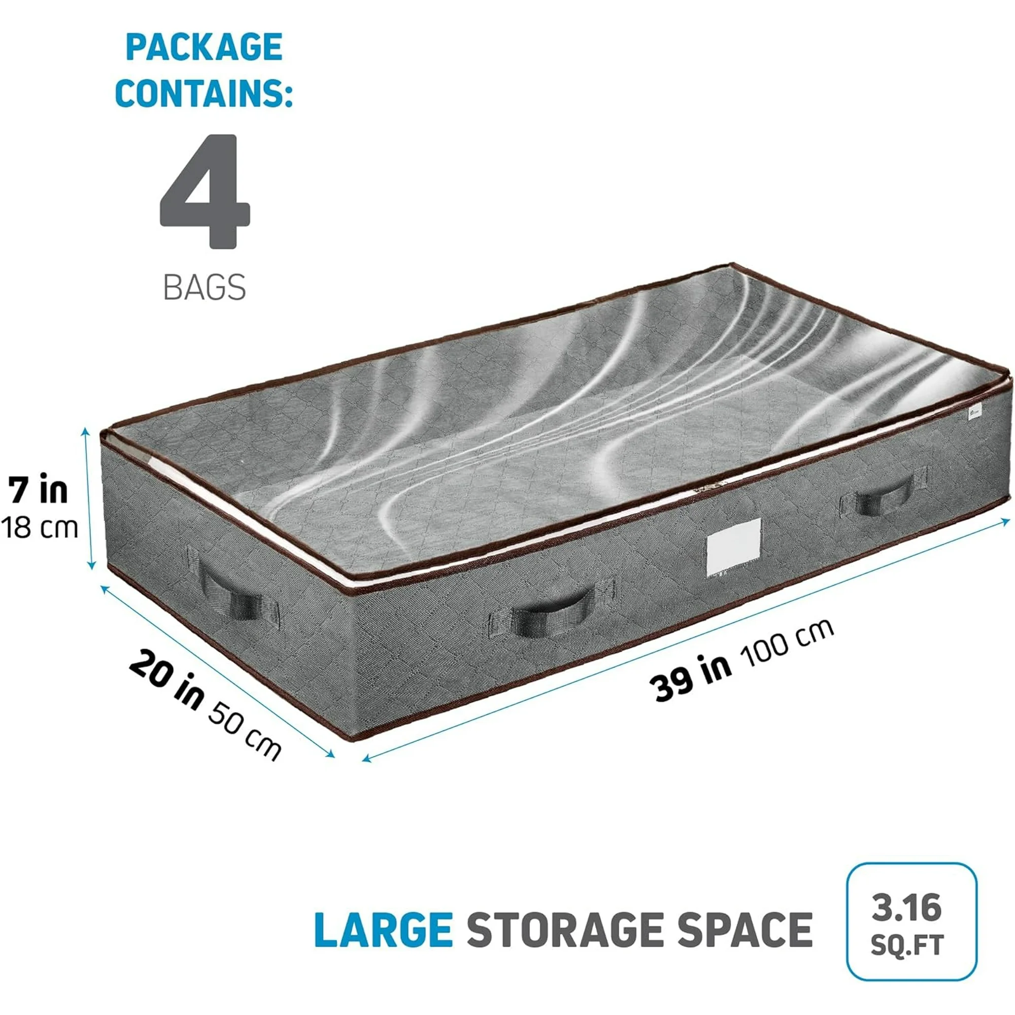 Under Bed Storage Bins - Pack Of 4 Under The Bed Storage Containers For Clothes, Blankets, Winter Clothing, & Shoes - Underbed Storage Containers With Handles, Dual Zippers, & Clear Top