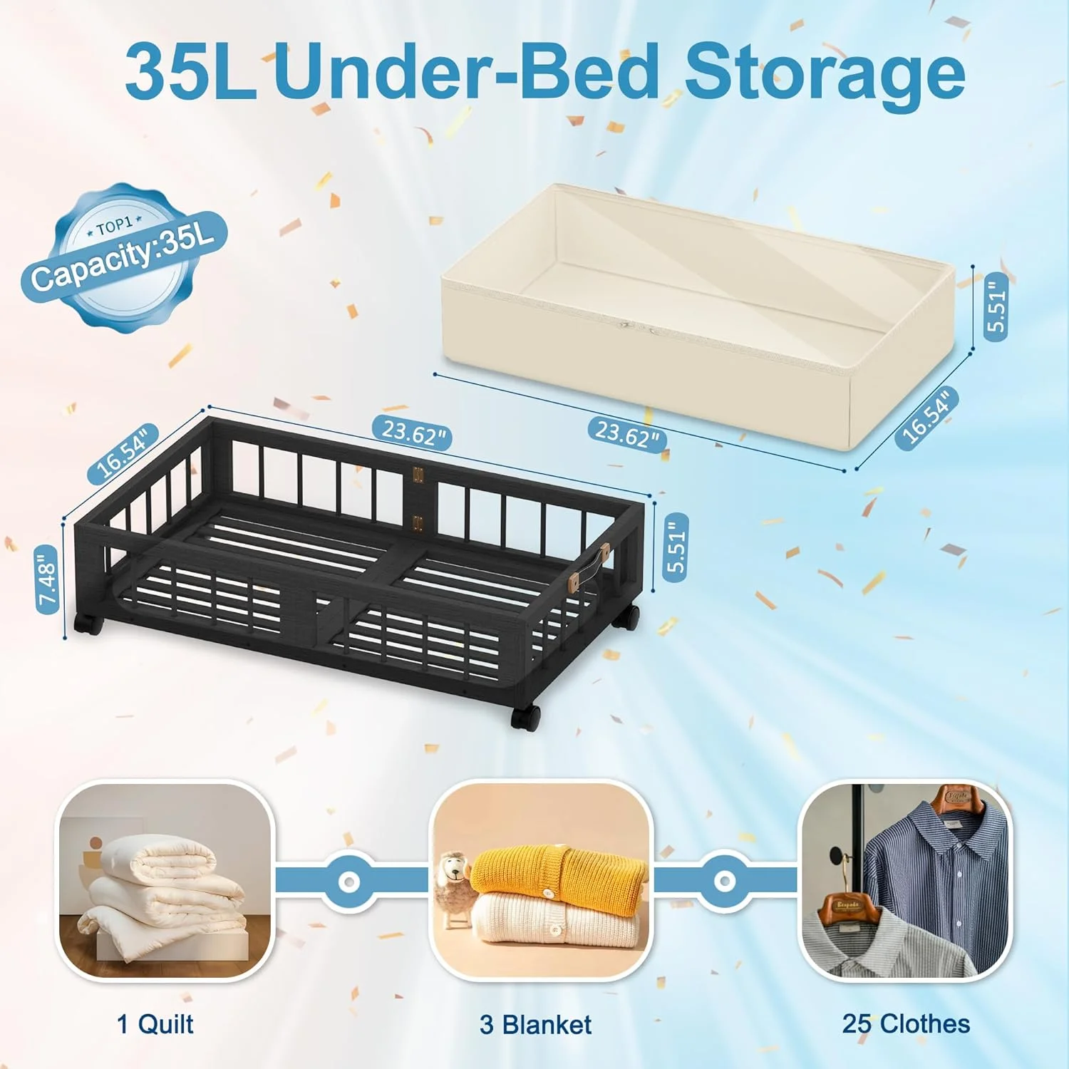 2-Pack Bamboo Under Bed Storage Containers with Wheels, Under Bed Clothes Storage Basket with Large Dust Bag, Rolling UnderBed Storage for Bedroom, Dorm and Basement, Black