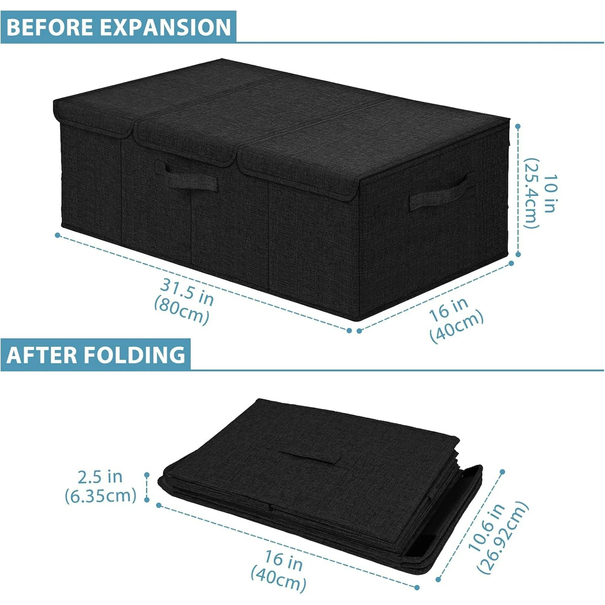 Deep Under Bed Storage Container, 10 Tall Height Underbed Box Bin with Lids 31 Long Large Basket for Under Bed, Bedroom, Dorms, Clothes, Bed sheets, Blankets, 2 Pack, Black