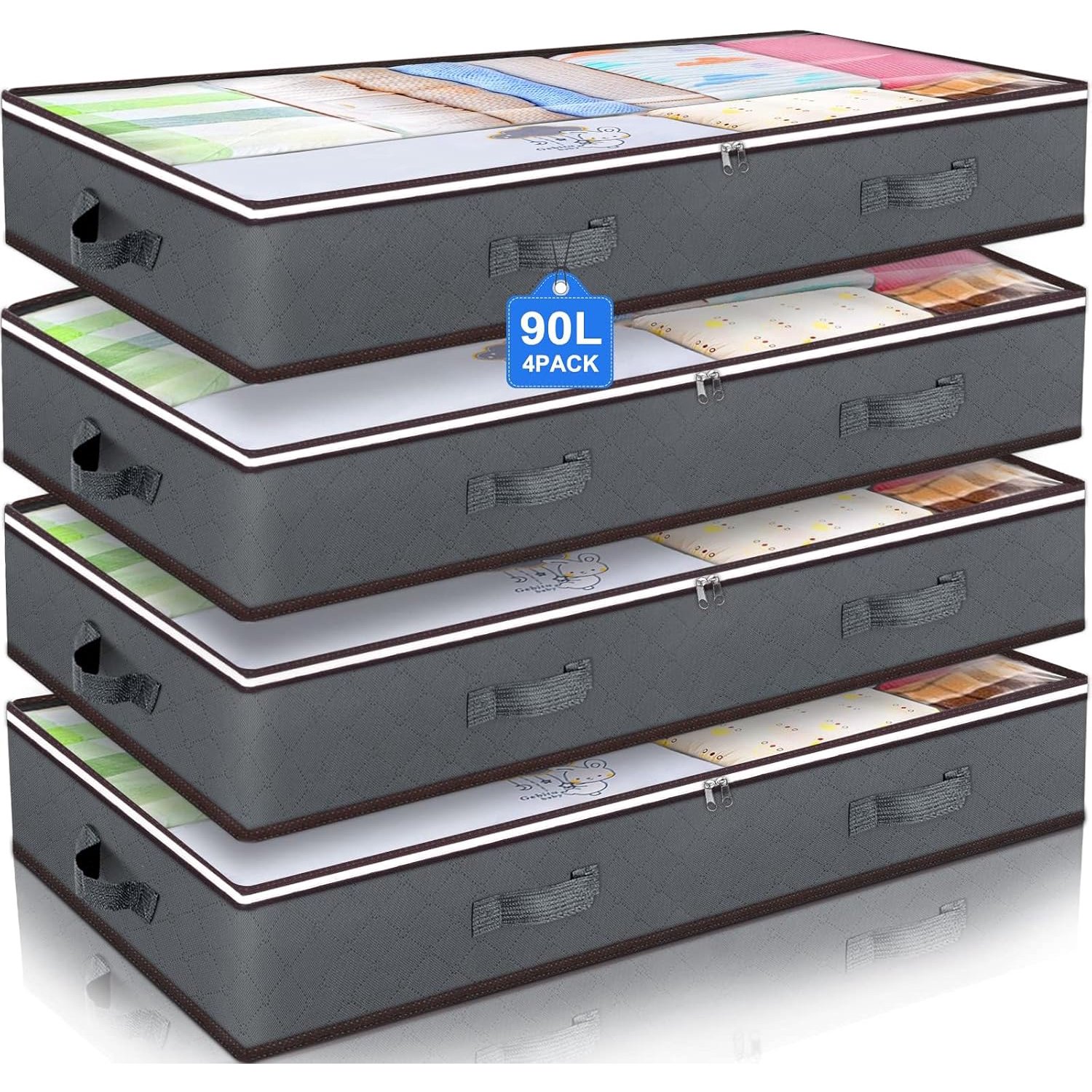 90L Under Bed Storage Containers, Closet Organizers and Storage Bins, Foldable Underbed Storage Bags for Blanket, Clothing, Comforter, Sweaters, Pillows, Linen Sheets, Wrapping Paper, Grey