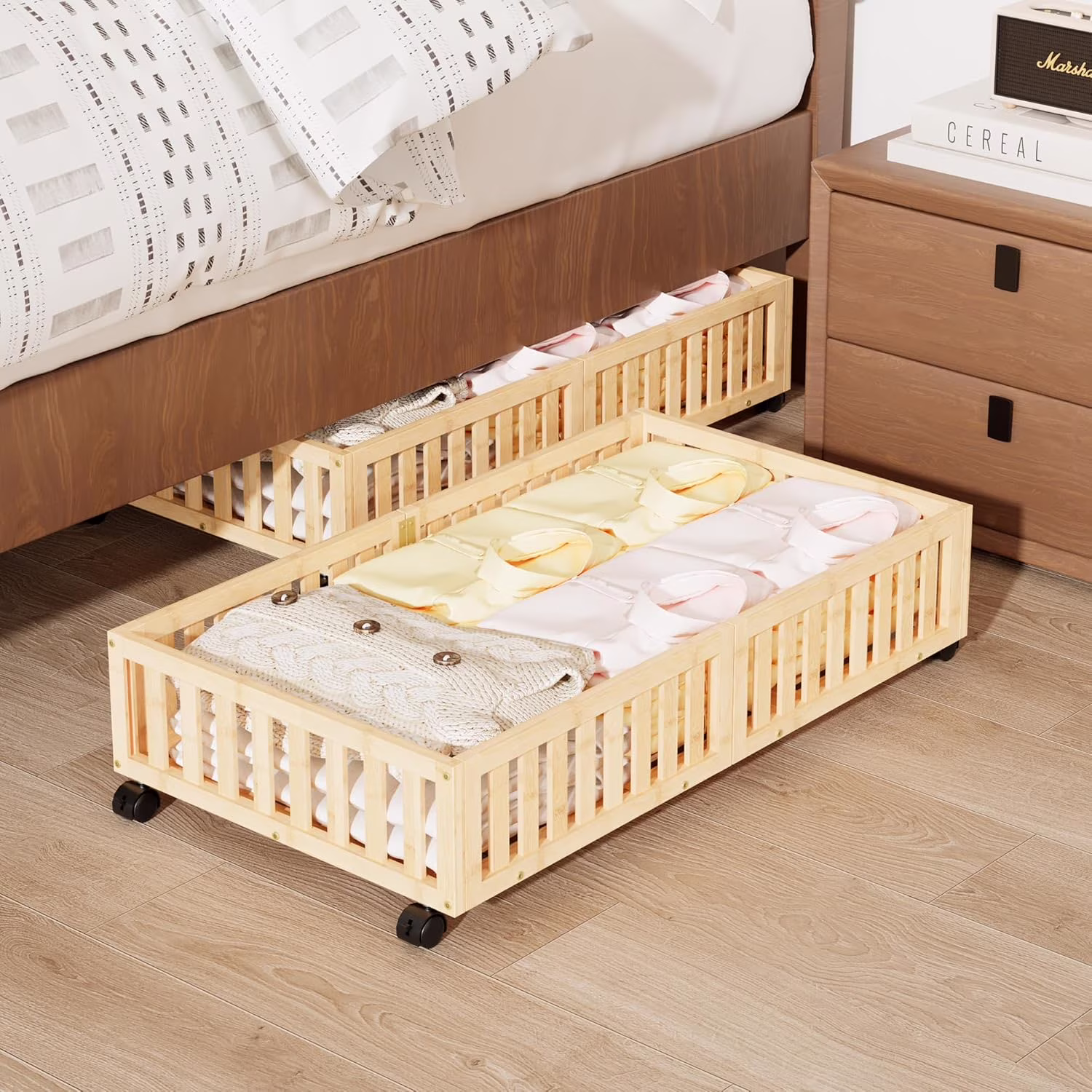 Bamboo Under Bed Storage with Wheels (2-Pack) – Rolling Underbed Shoe Organizer Box for Shoes, Blankets, Toys, Clothes Container Space-Saving Organizer Bins for Bedroom, Closet, Dorm, Nursery