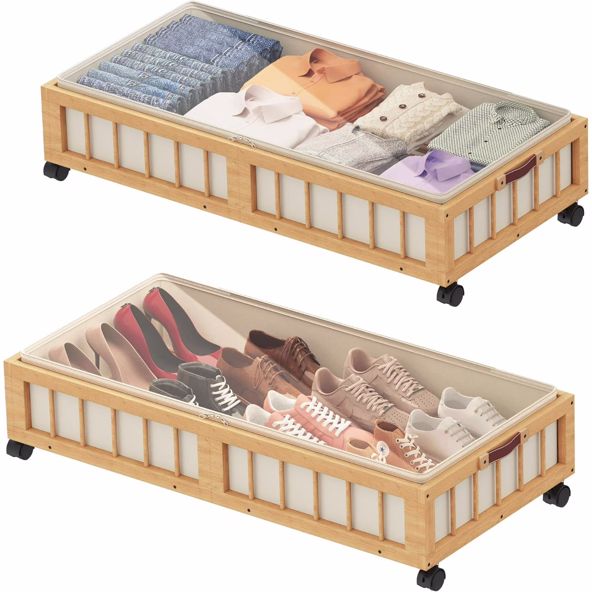 2-Pack Bamboo Under Bed Storage with Wheels, Rolling UnderBed Storage Basket with Large Dust Bag, Under Bed Storage Containers for Bedroom, Dorm and Basement, Nature
