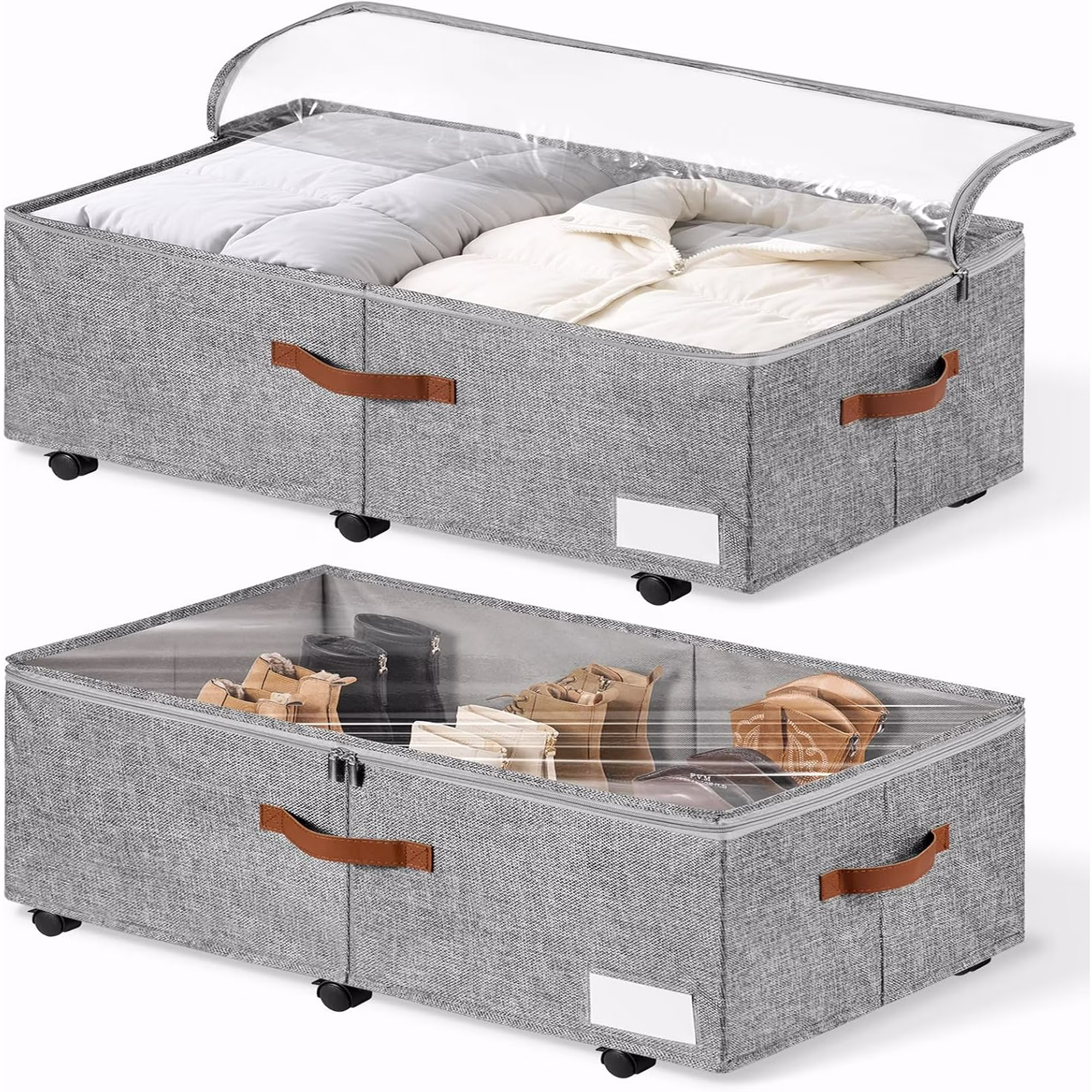 60L Large Under Bed Storage with Wheels Pack of 2, Underbed Shoe Container Bin with Clear Lid Cover, 10.5 Inches Rolling Under Bed Drawer Storage Bag Basket for Boots Quilt Sweater - Grey