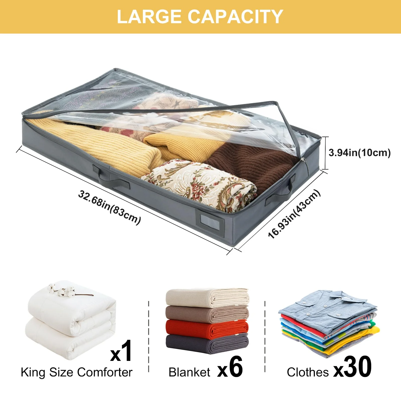 Foldable Under Bed Storage Containers 2-Pack 4-Inch, Clear Dustproof Cover & Label Pocket, Stores Quilts Toys Winter Clothes, Gray