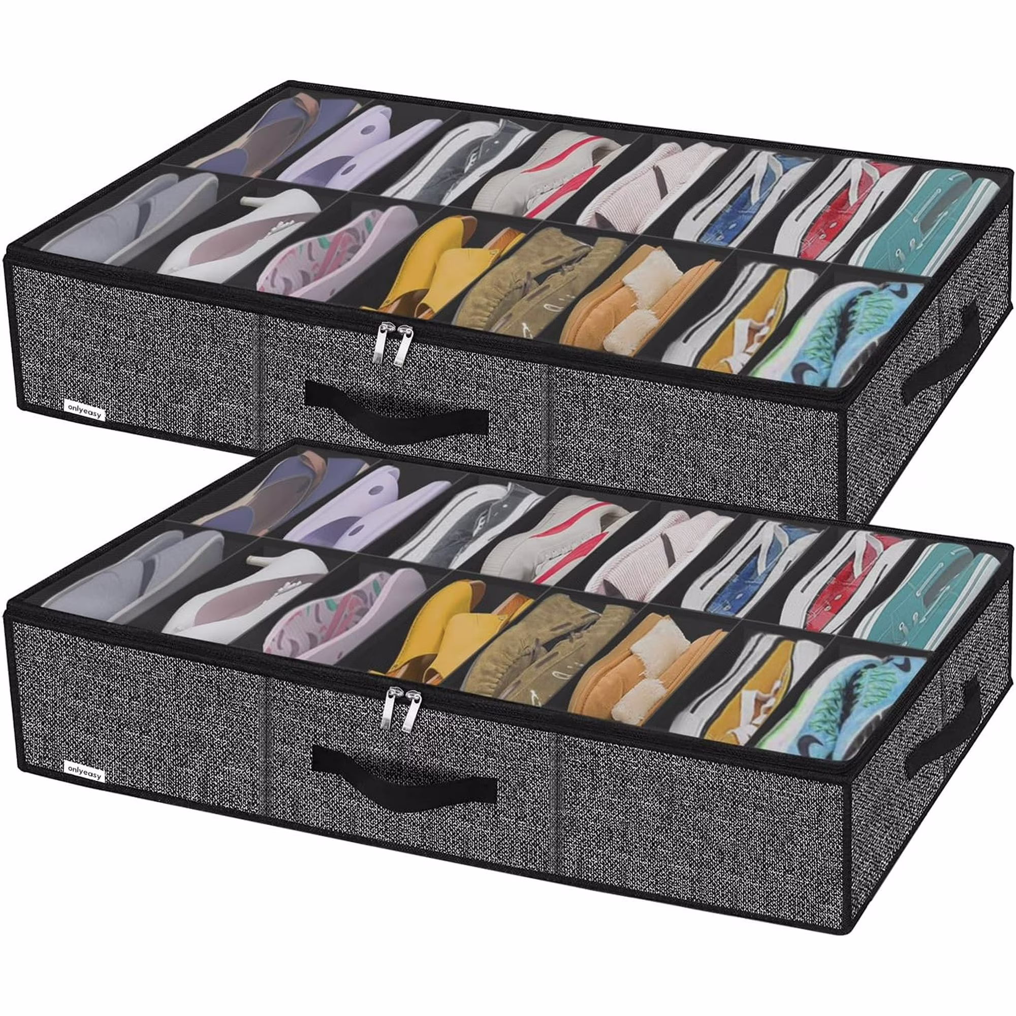 Under Bed Shoe Storage Organizer with Sturdy Handles and Clear Window  Premium Foldable Underbed Shoes Container Box for Closet, Linen-like Black