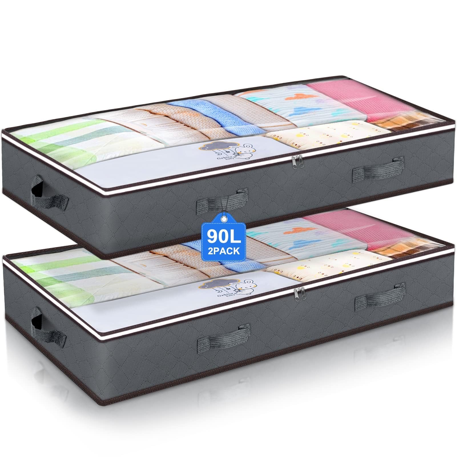 90 Liter Under Bed Storage Bags, Heavy Duty Toy Organizer with Clear View Window, Space Saving for Bedroom Dorm Closet Shelves, 2 Pack Gray