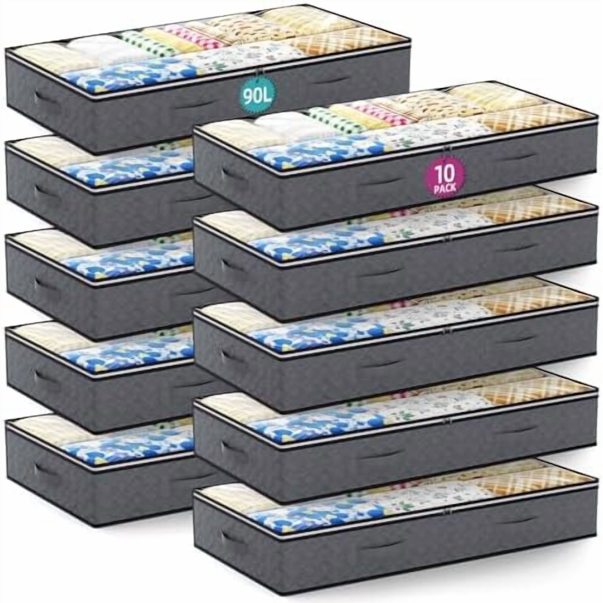 10 Pack Under Bed Storage Containers 90L Underbed Closet Organizer System Collapsible Storage Bins with Clear Window and Reinforced Handles for Bedding Pillows Blanket Towels Clothes Wardrobe Bedroom