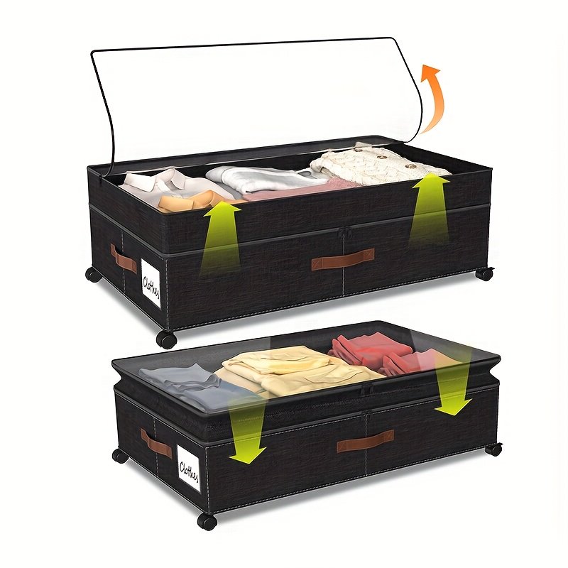 2-Pack Under-Bed Storage Bins with Wheels & Clear Window, Adjustable Height Large Capacity Organizers for Clothes, Shoes, Blankets & Toys