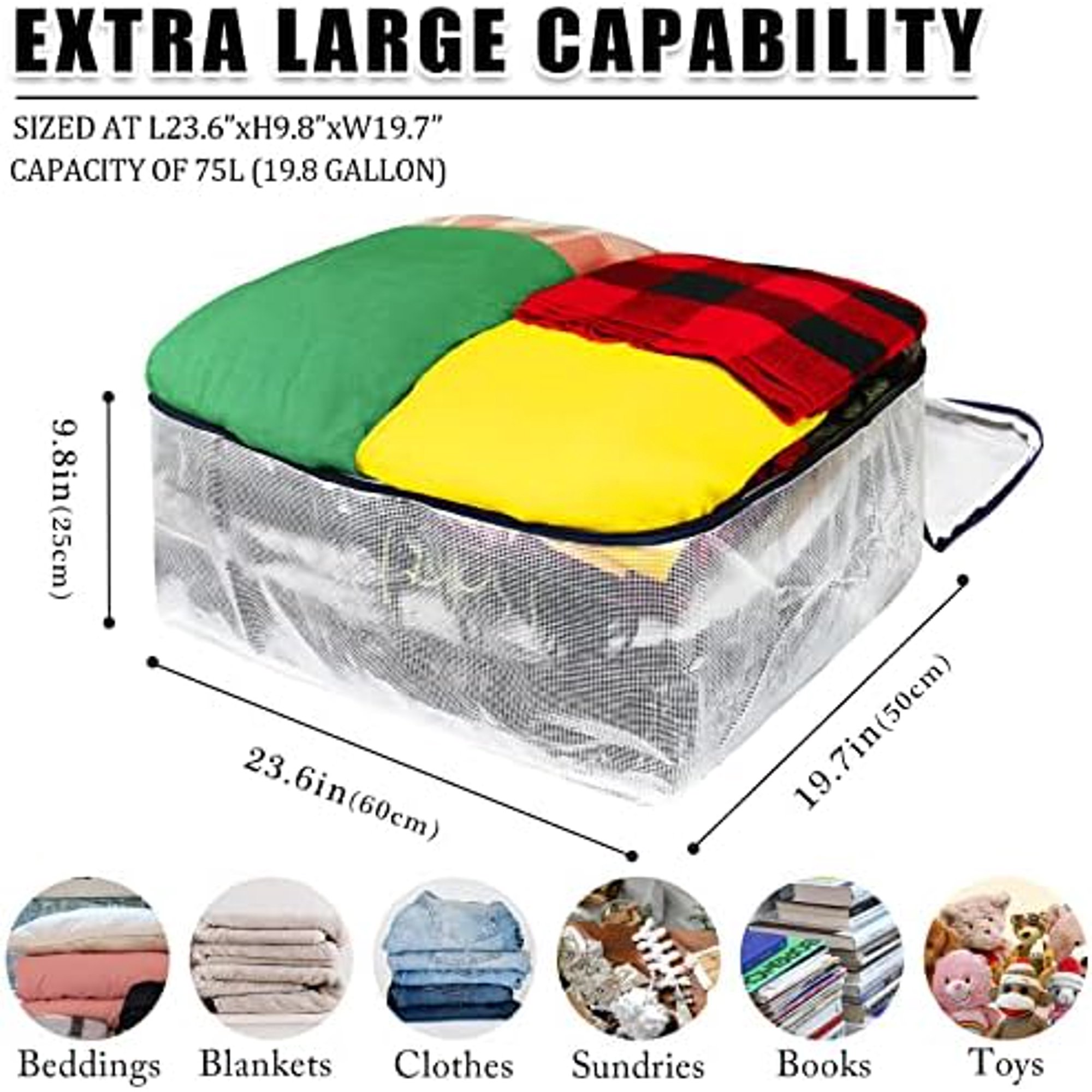 Clear Storage Bags with Zipper, 75L Extra Large Capacity - Closet, Underbed Storage Organizer for Clothes, Bedding, Comforter, Toys, Pillow & Blanket (2)