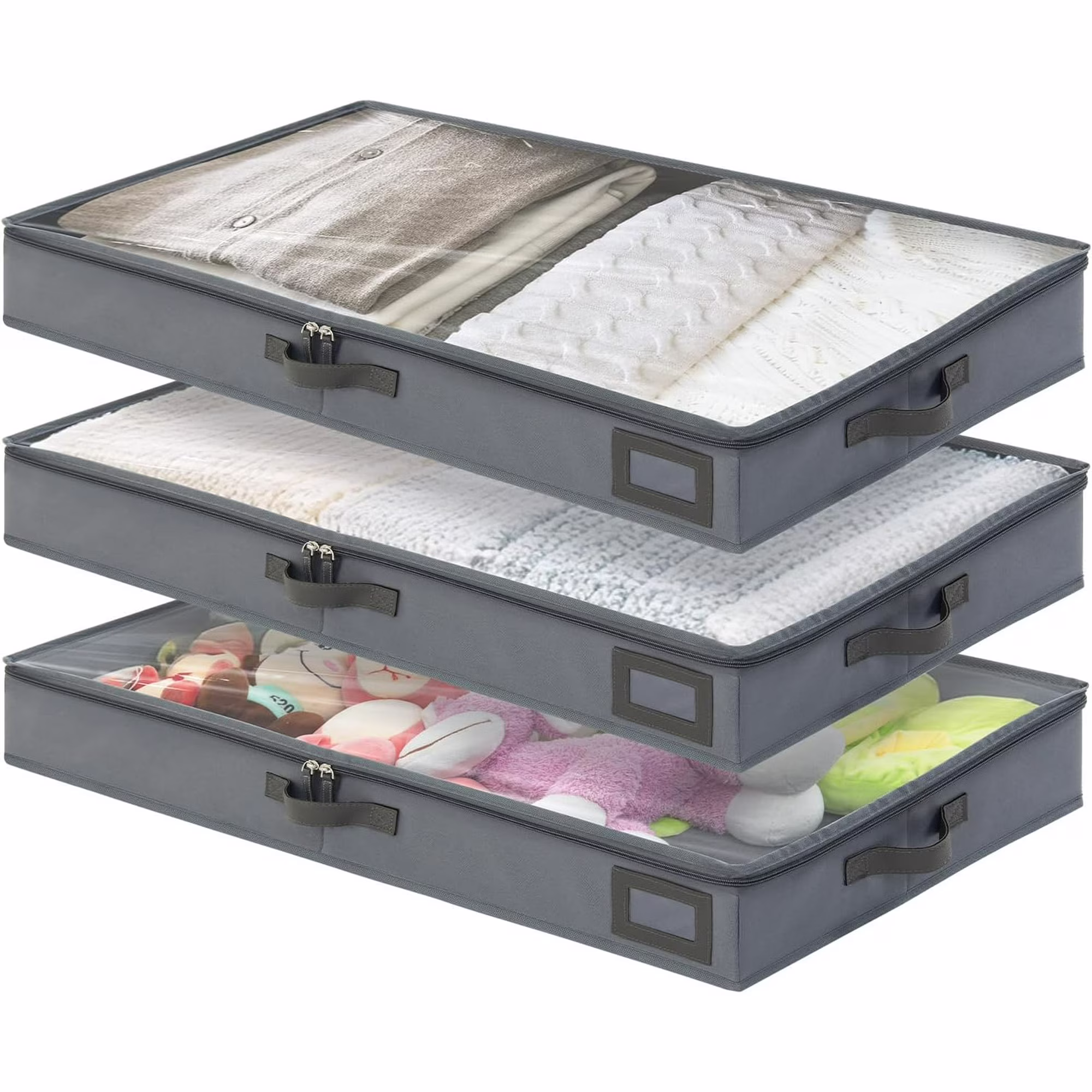 4-Inch Under Bed Storage Containers (3-Pack) | Sturdy Sidewalls | Clear Cover & Label Holder | Underbed Organizer for Crib/Couch | Stores Clothing/Blankets/Wrapping Paper/Toys
