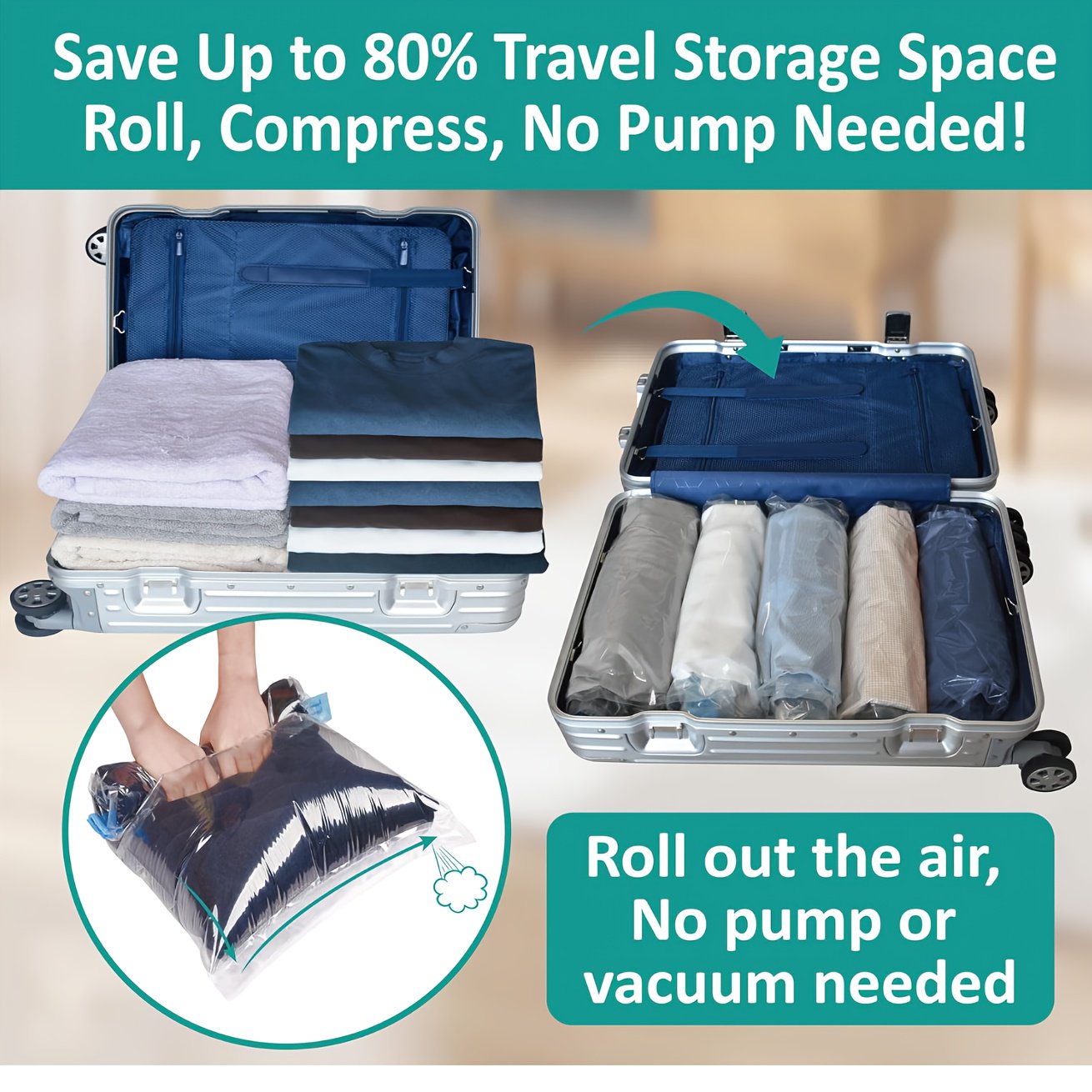 12 Pack Durable Plastic Roll-Up Space Saver Bags for Travel - Zippered Clothes Organizers with Carry Handles Stackable for Suitcases Closet Under Bed Storage