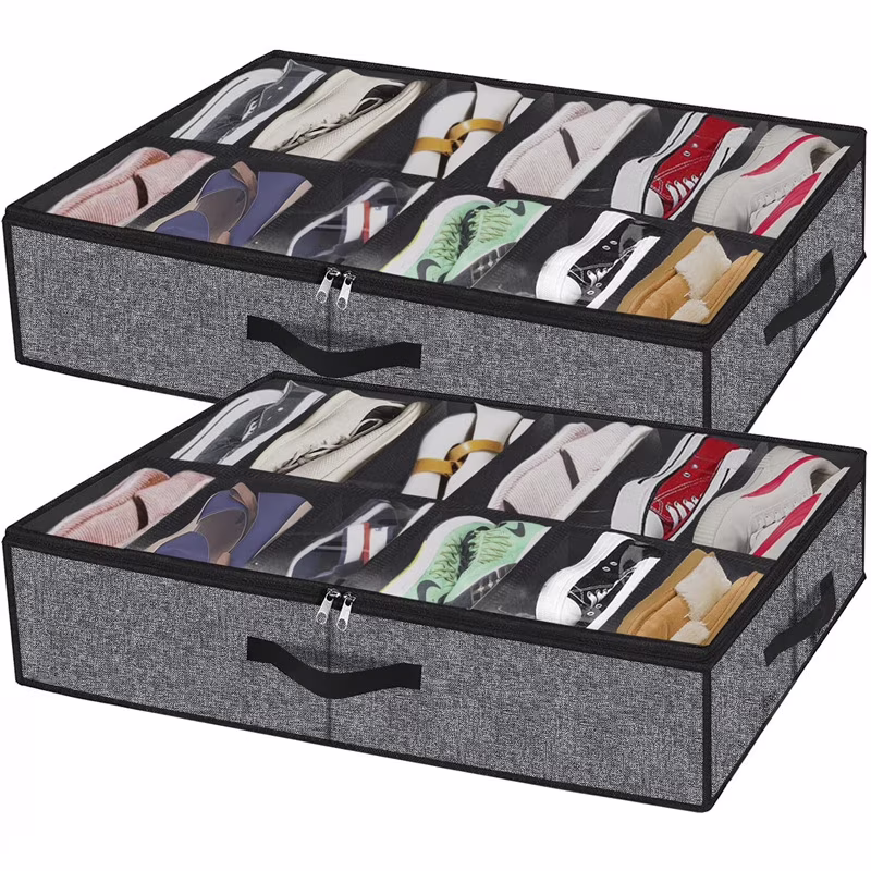 2 Pack Sturdy Under Bed Shoe Storage Organizers, Fit Total 24 Pairs, Large Underbed Closet Shoes Box Container Bag With Clear Cover, Breathable, 75*60*15cm(Except For Men's Sports Shoes)