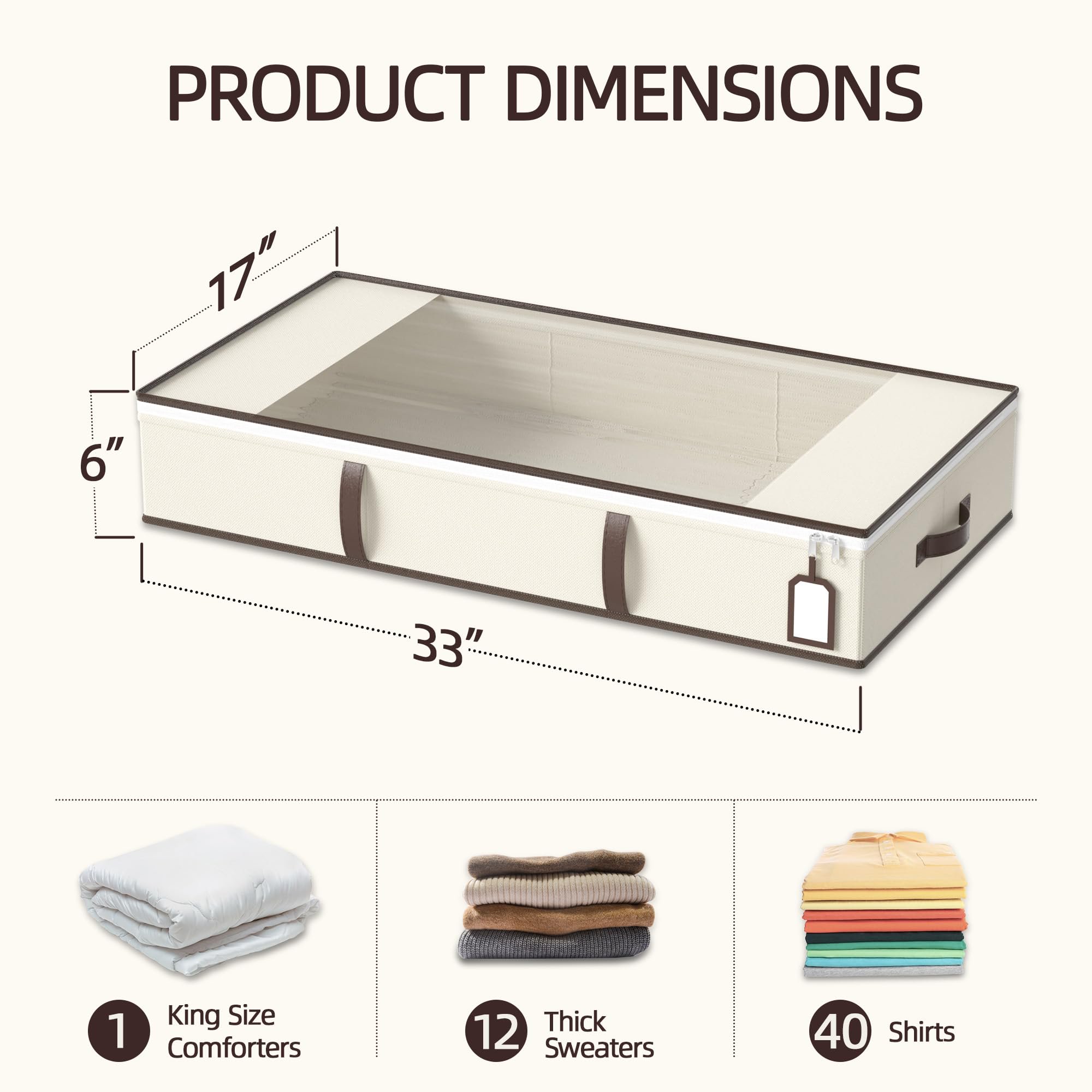 Foldable Under Bed Storage Boxes 54L 2 Pack, Clear View Clothes Organizer with PU Handles, Zippered Bags for Blankets Winter Wear Home Organization, Beige