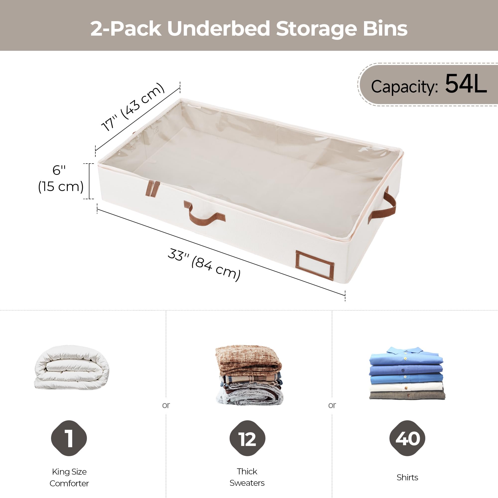 Foldable underbed storage bins, 2 pack fabric organizers with label holder, extra thick for clothes blankets shoes, easy carry handles, beige