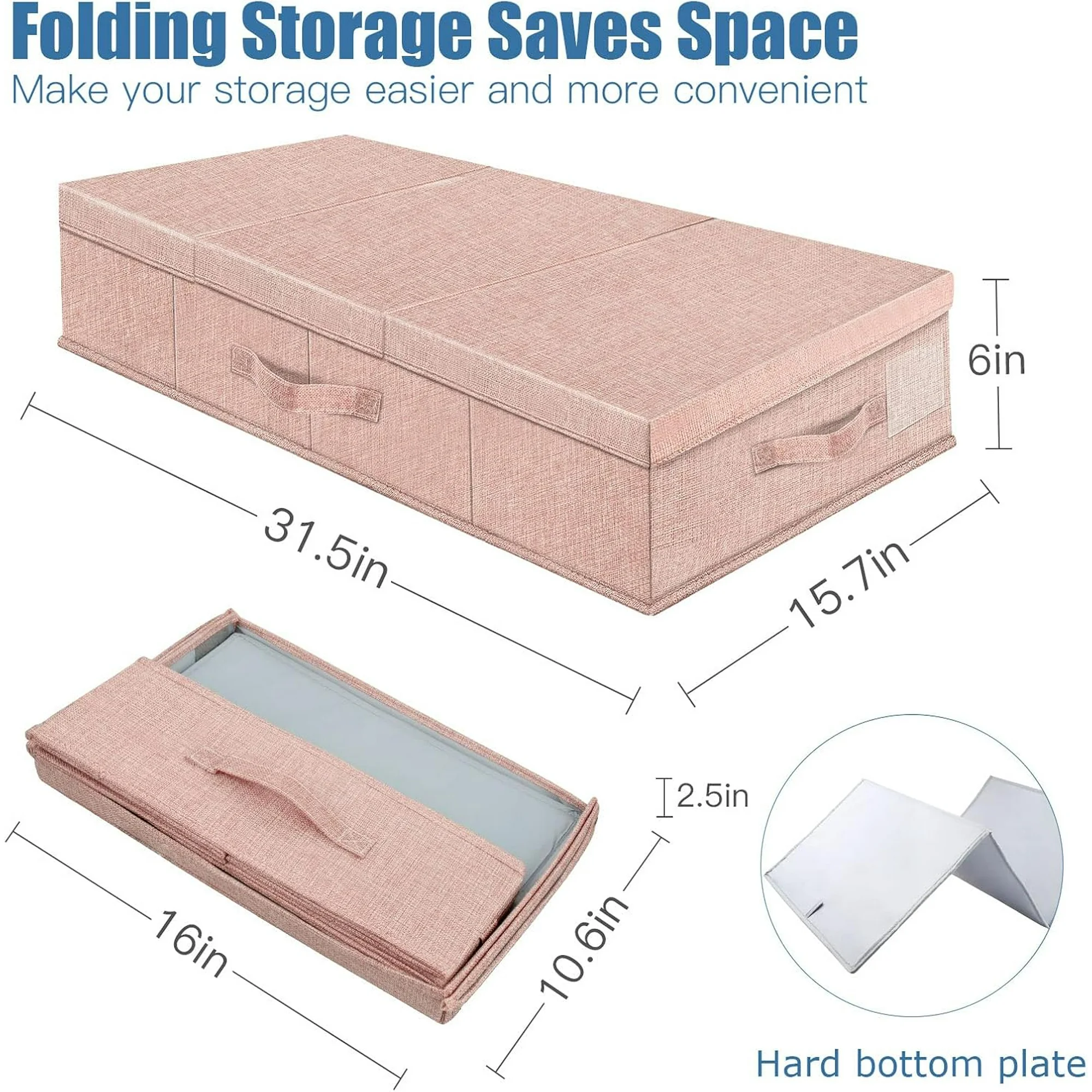 Underbed Storage Containers Bin with Lids (Set of 2) Large Under Bed Storage Organizer Box with Handle, Foldable Under the Storage Bags for Organizing Clothes, Shoes, Blankets, Pillows-Pink