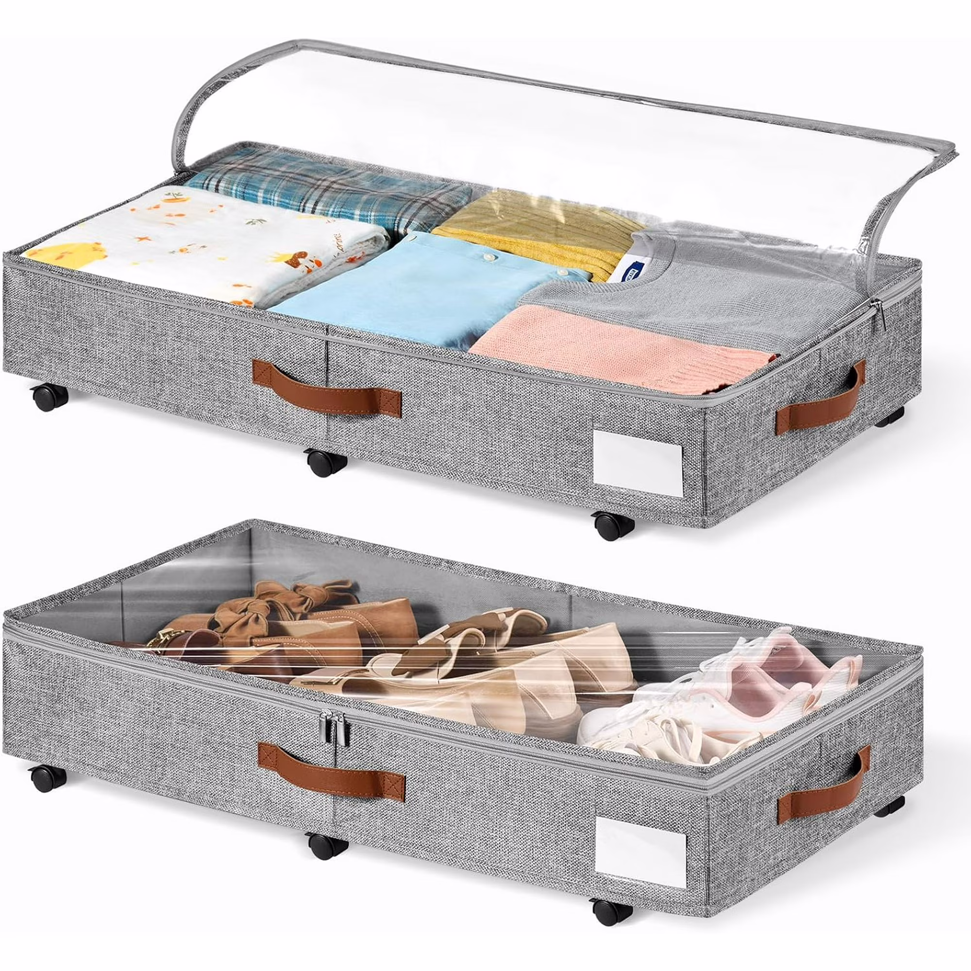 6 Inches Under Bed Storage with Wheels Pack of 2, Underbed Shoe Storage Container Bin with Clear Lid Cover, Rolling Under Bed Drawer Bag Basket for Shoe Organizer Sheet Sweater - Grey