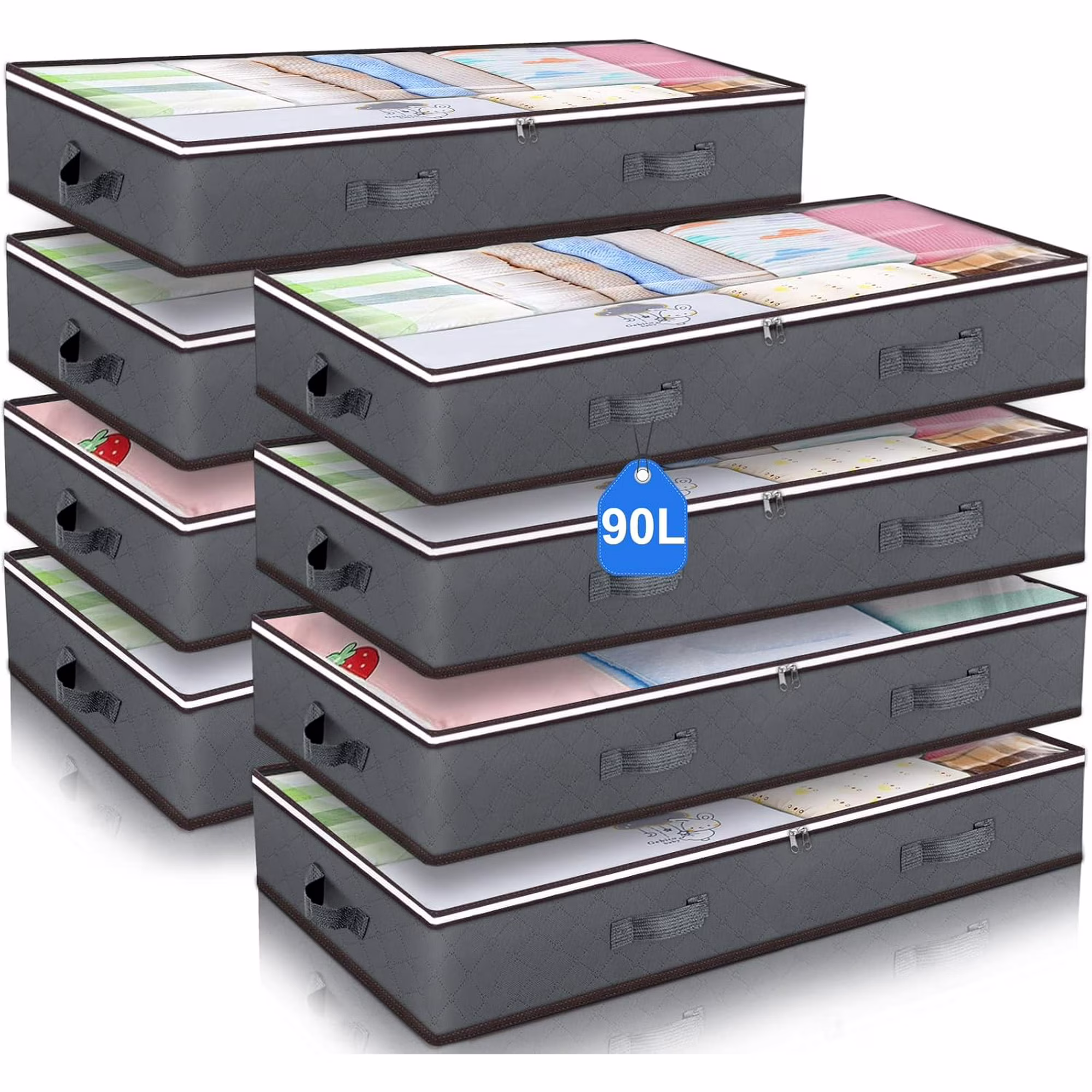 UniMall 90L Under Bed Storage Containers,Large Capacity Underbed Storage Bags Organizer,Thick Fabric Storage Bins with Clear Window and Reinforced Handles for Blanket Comforter Bedding Clothes,8 Pack