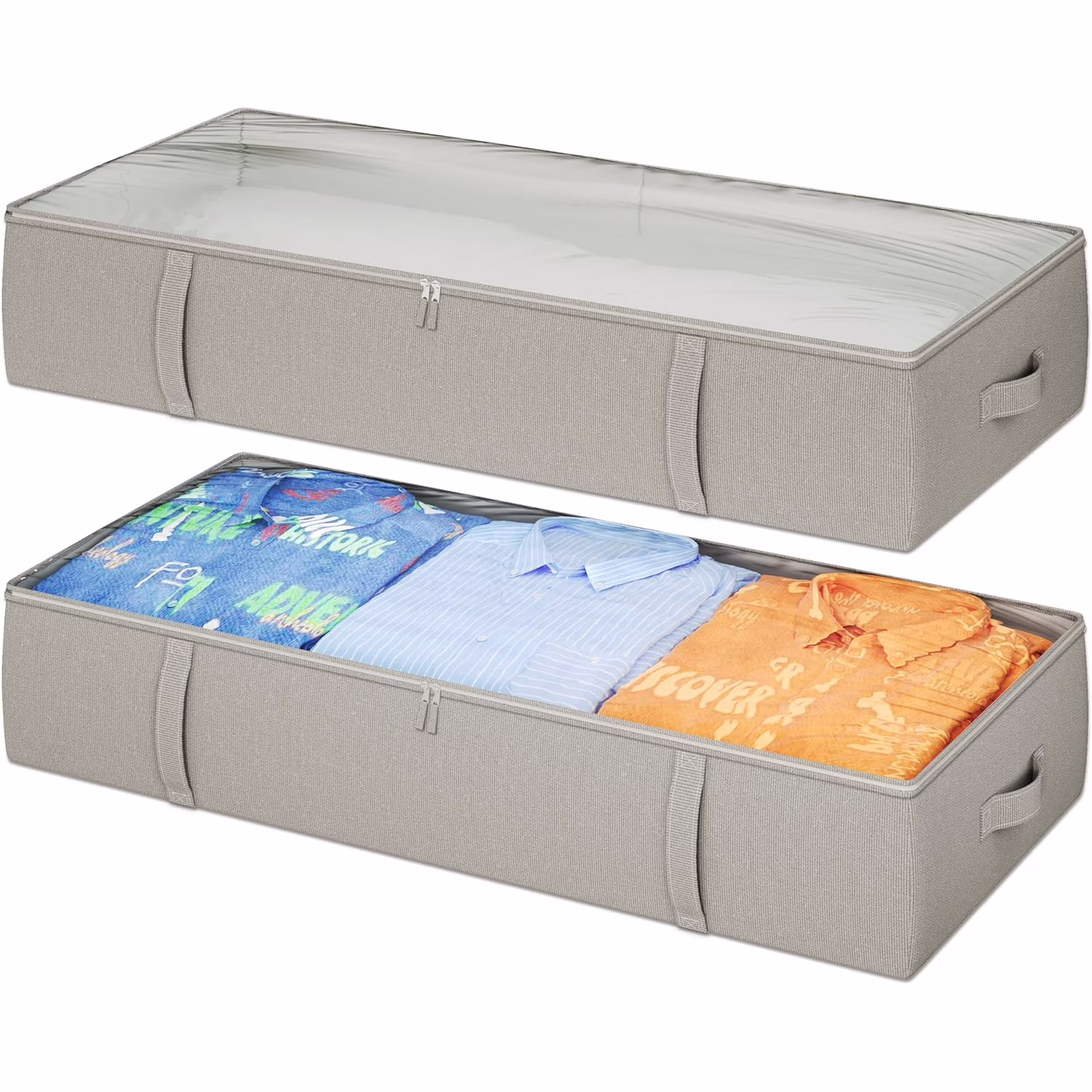 2-Pack Under Bed Storage Containers, 8 Inches Tall Underbed Clothes Storage Organizer Bin with Sturdy Sidewalls/Bottom, Under the Bed Storage Bags 2 Storage Bins, Light Grey