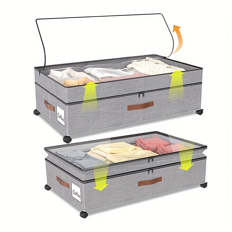 2-Pack Under-Bed Storage Bins with Wheels & Clear Window, Adjustable Height Large Capacity Organizers for Clothes, Shoes, Blankets & Toys