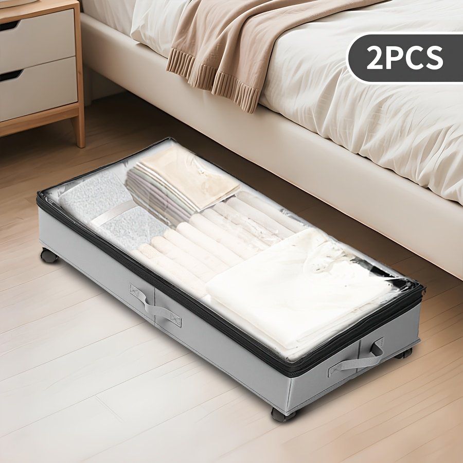 2pcs Underbed Storage Containers with Wheels & Lids - Low Profile Oxford Fabric Organizers for Clothes Shoes Toys Linens, Space-Saving Gray Under Bed Storage Bags