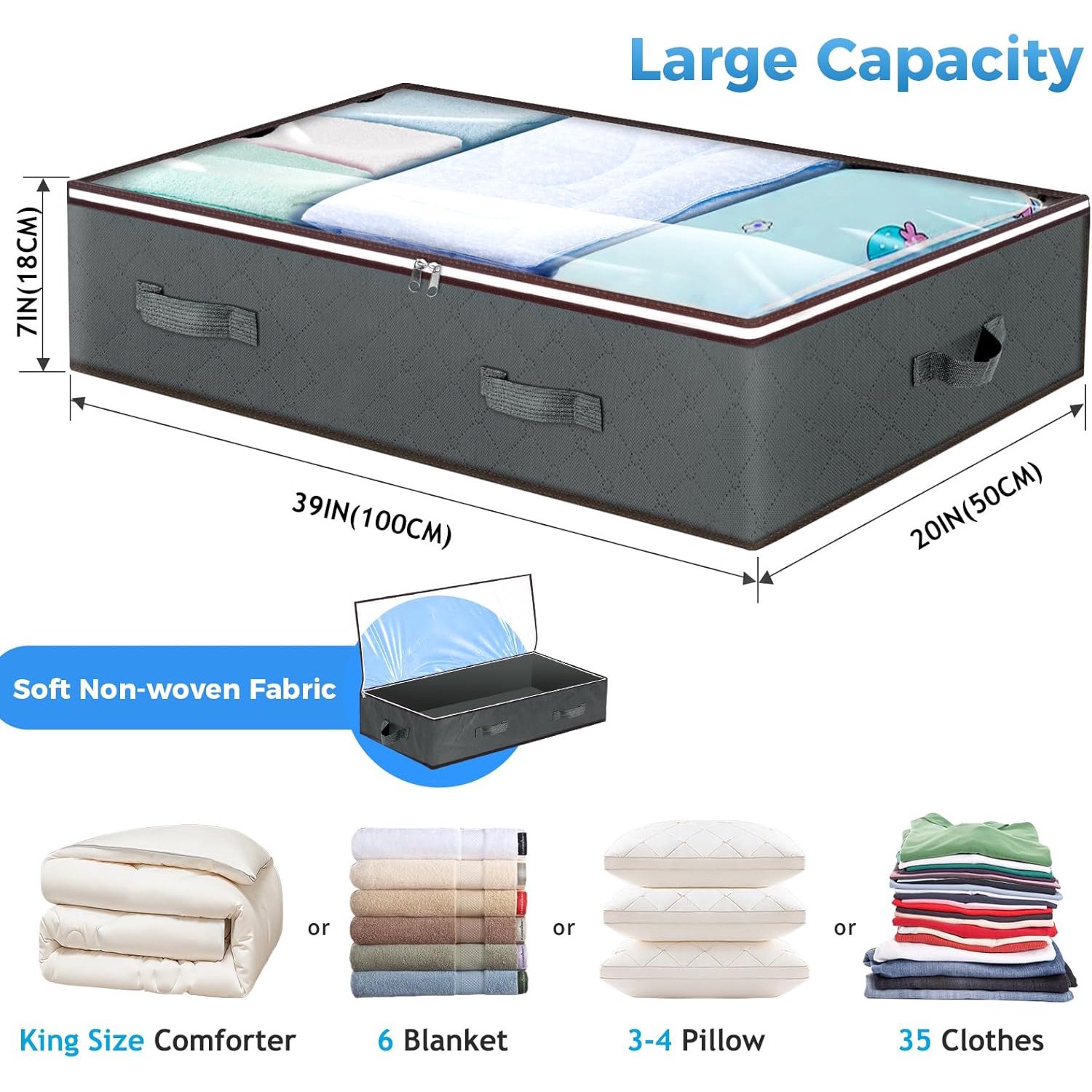 90L Under Bed Storage Containers, Closet Organizers and Storage Bins, Foldable Underbed Storage Bags for Blanket, Clothing, Comforter, Sweaters, Pillows, Linen Sheets, Wrapping Paper, Grey
