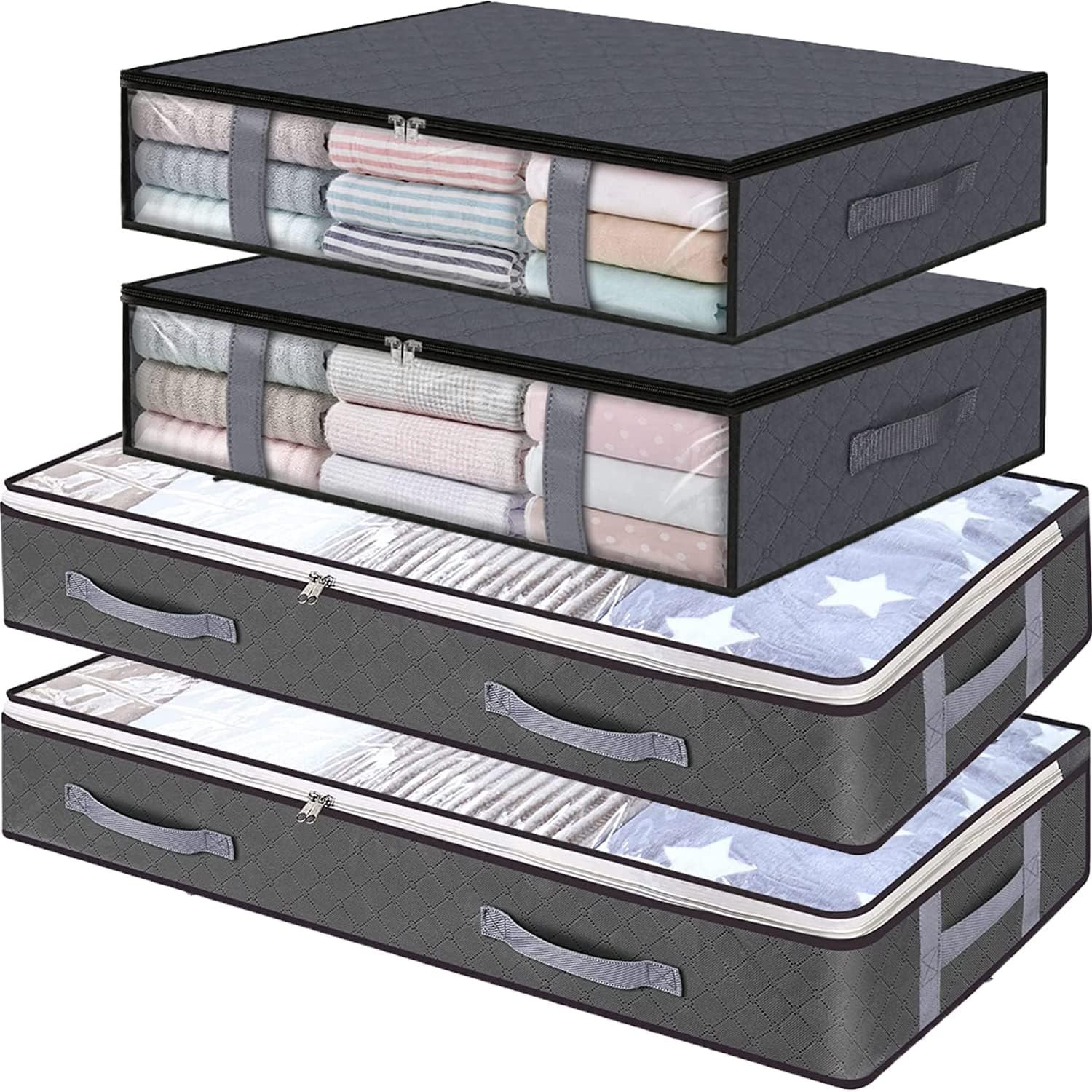 Under Bed Storage Containers, 4-Pack Large Underbed Storage Bags Organizer, Thick Fabric Storage Bins with Clear Window and Handles for Blanket, Comforter, Bedding, Clothes, Black