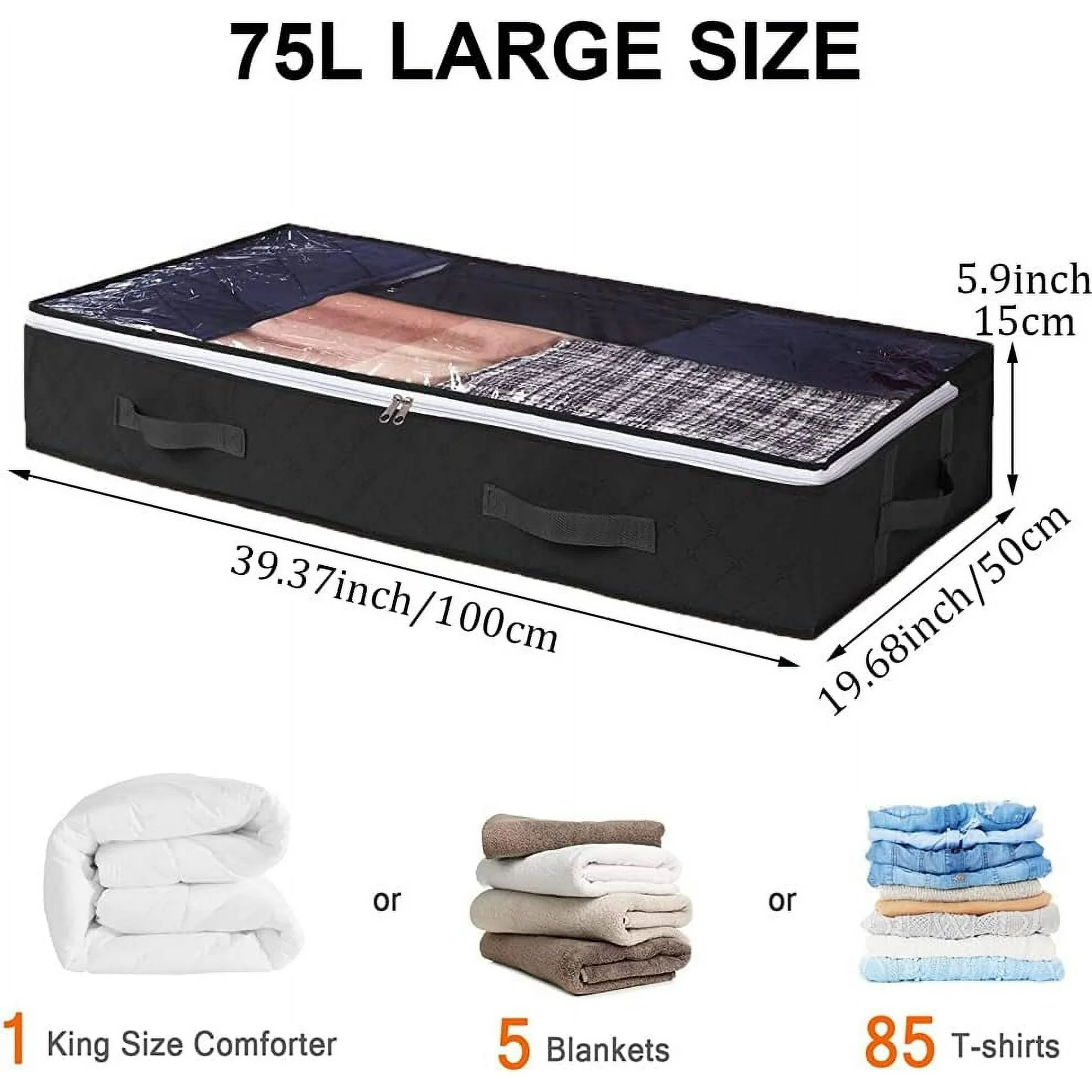 Under Bed Storage Containers, 4-Pack Large Underbed Storage Bags Organizer, Thick Fabric Storage Bins with Clear Window and Handles for Blanket, Comforter, Bedding, Clothes, Black