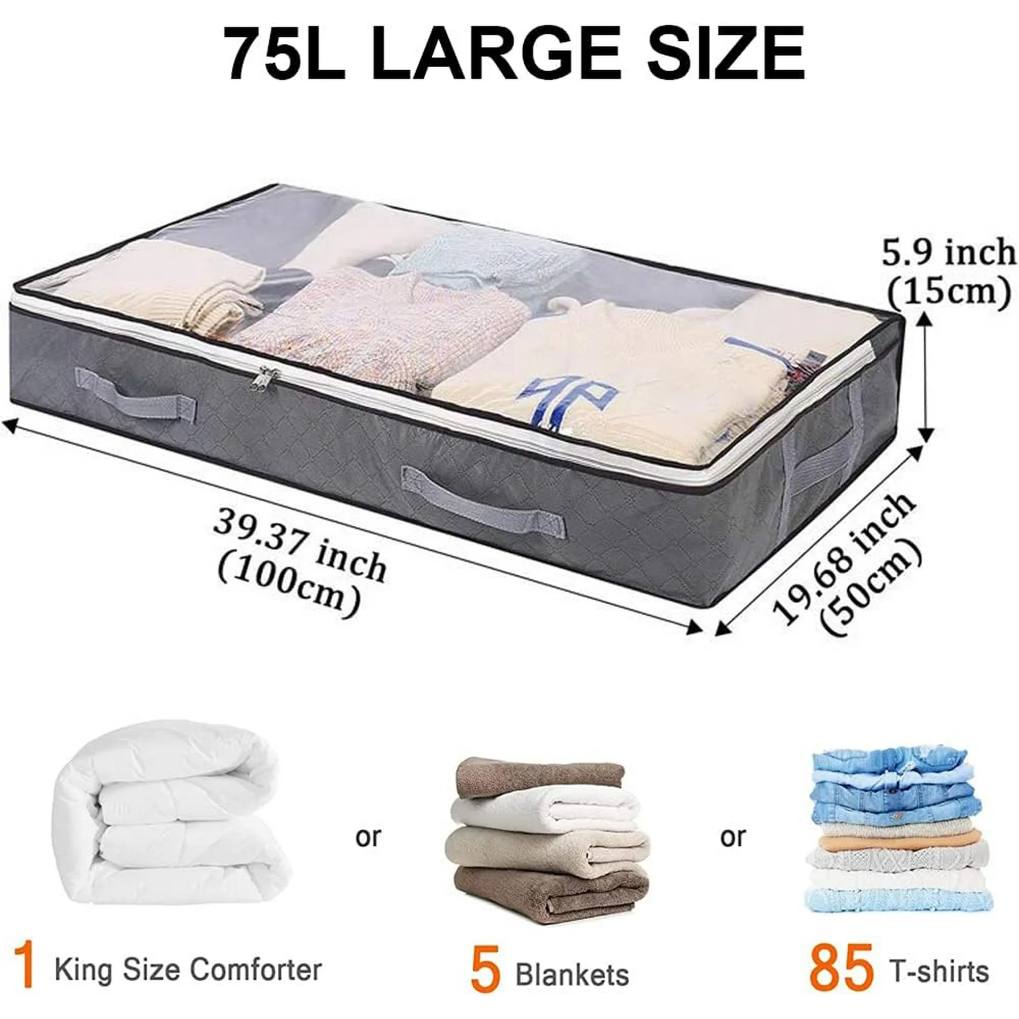 Under Bed Storage Containers, 4-Pack Large Underbed Storage Bags Organizer, Thick Fabric Storage Bins with Clear Window and Handles for Blanket, Comforter, Bedding, Clothes, Black