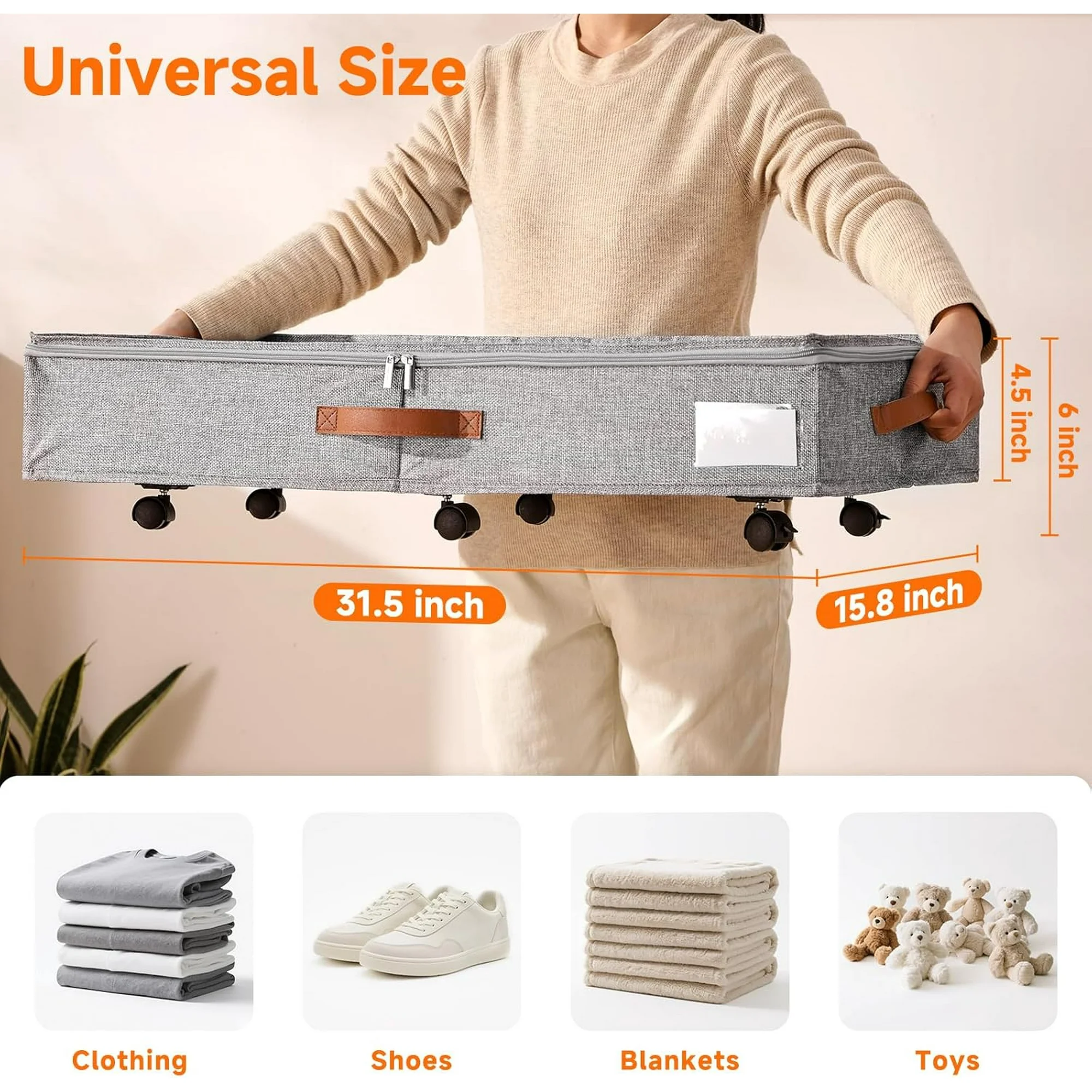 6 Inches Under Bed Storage with Wheels Pack of 2, Underbed Shoe Storage Container Bin with Clear Lid Cover, Rolling Under Bed Drawer Bag Basket for Shoe Organizer Sheet Sweater - Grey