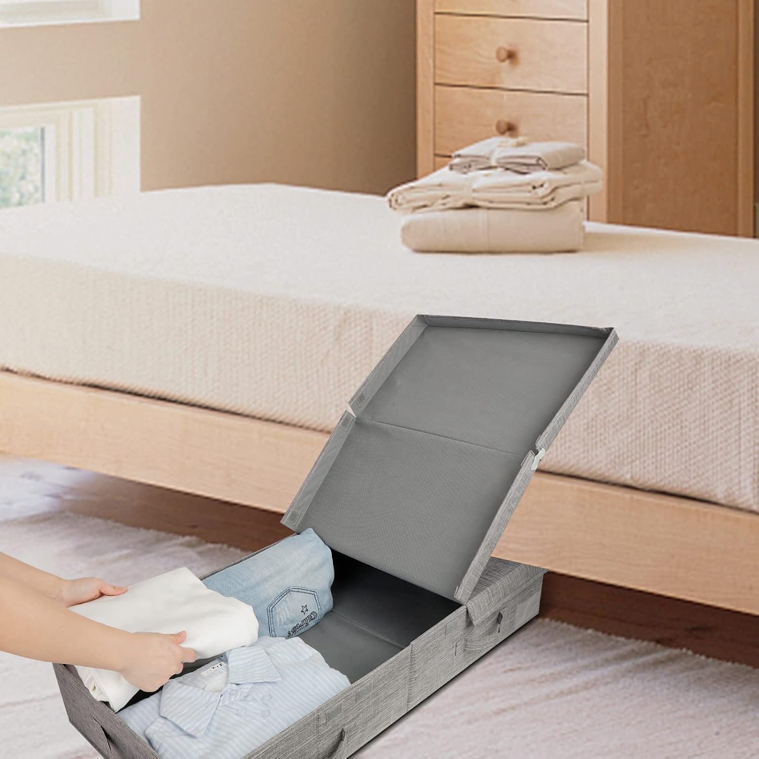 Hltser HCOCM   Underbed Storage Container Bins with Lids  Under Bed Storage Organizer with Sturdy Handles Sidewalls Bottom  Foldable Clothes Bag () Large  Grey