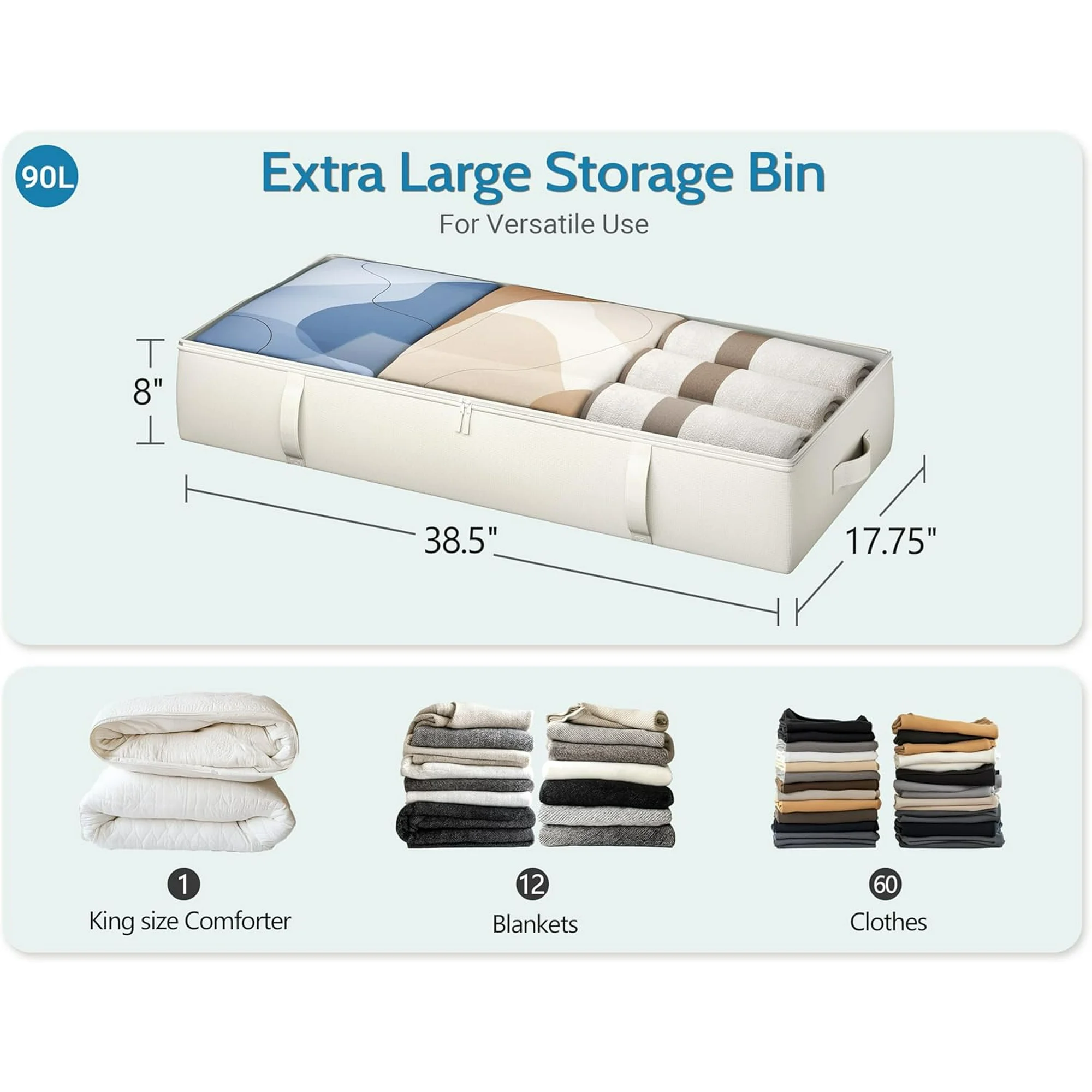 2-Pack Under Bed Storage Containers, 8 Inches Tall Underbed Clothes Storage Organizer Bin with Sturdy Sidewalls/Bottom, Under the Bed Storage Bags 2 Storage Bins, Beige