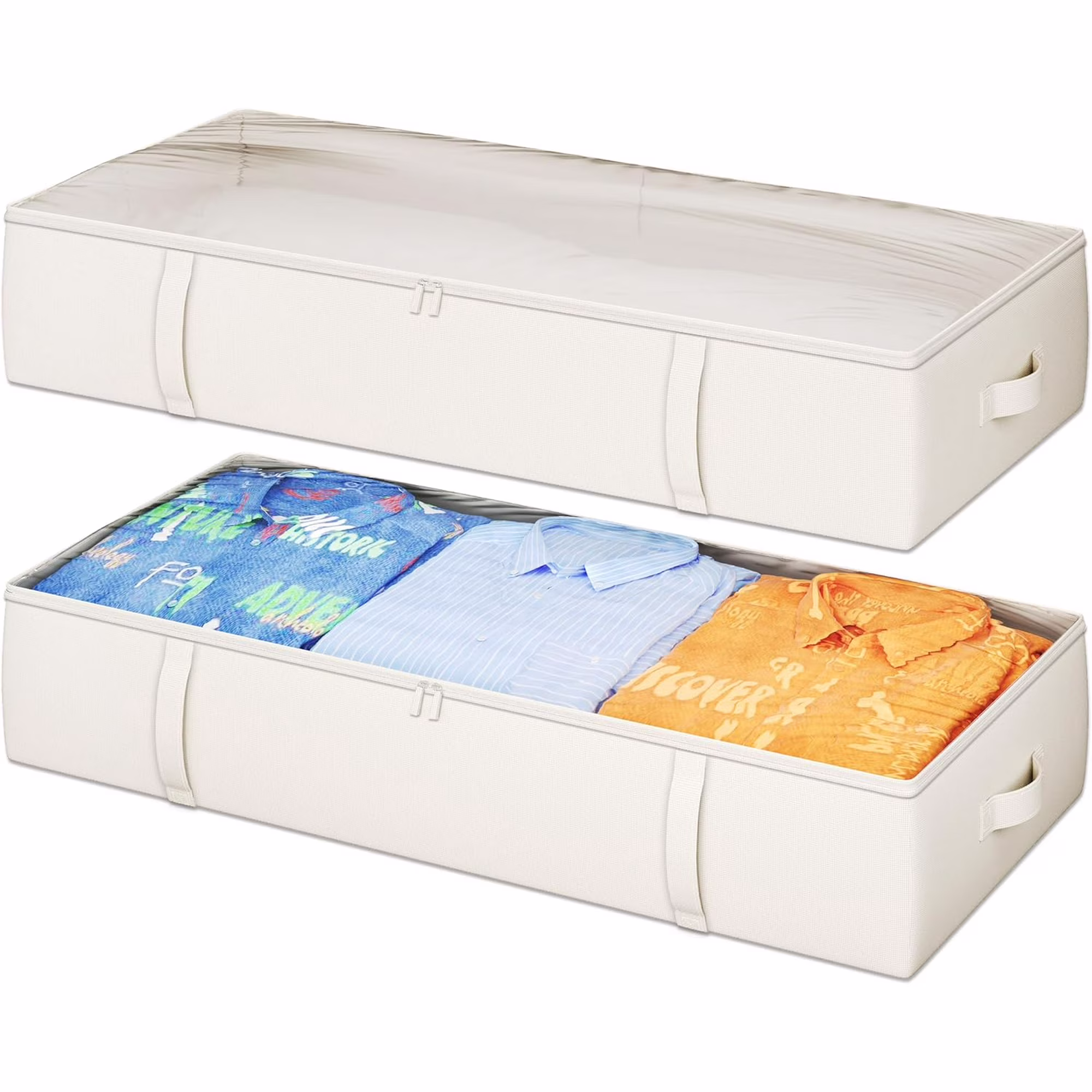 2-Pack Under Bed Storage Containers, 8 Inches Tall Underbed Clothes Storage Organizer Bin with Sturdy Sidewalls/Bottom, Under the Bed Storage Bags 2 Storage Bins, Beige