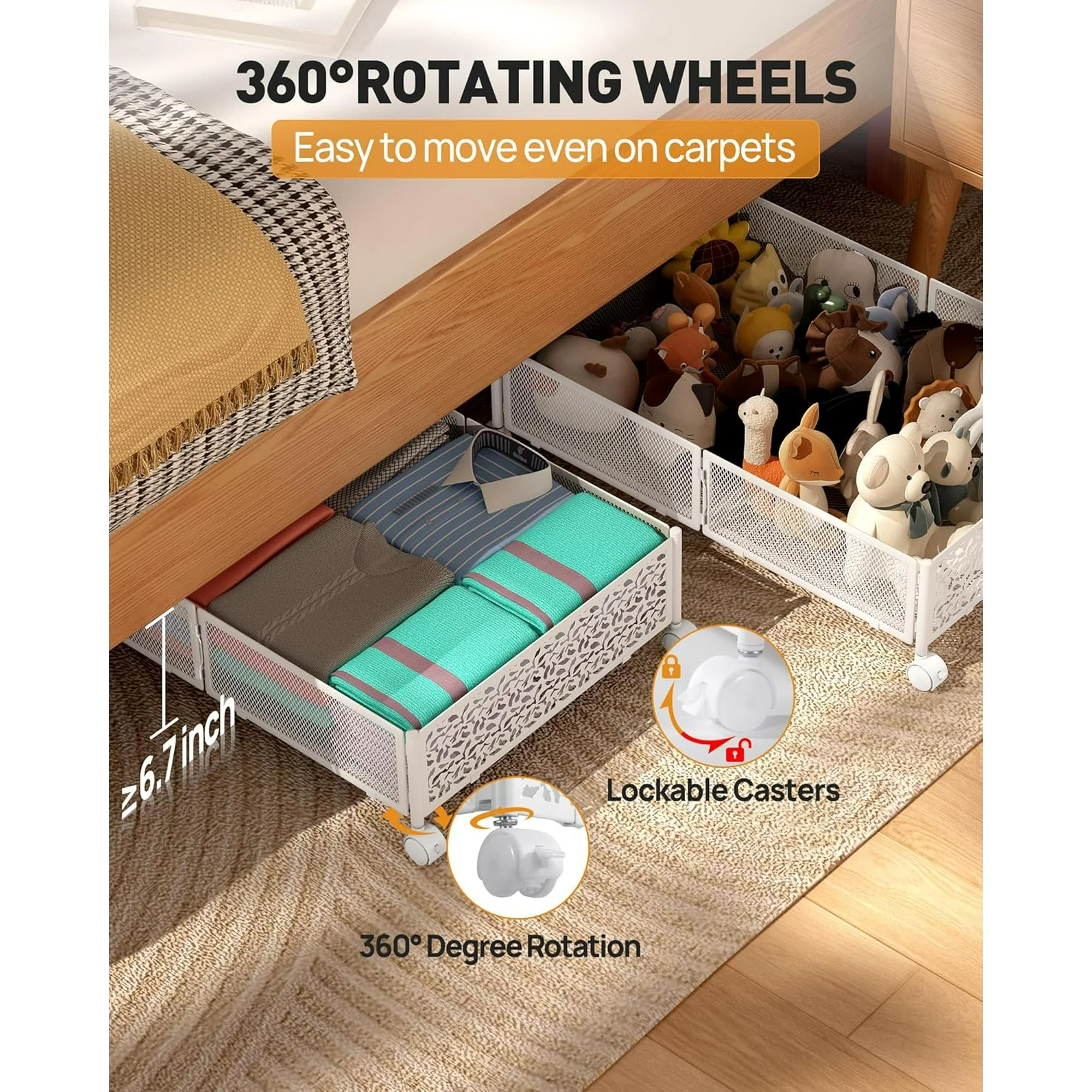 Under Bed Storage with Wheels, 2 Pack Foldable Metal Under Bed Storage Containers, 60L Rolling Underbed Storage, Easy Assembly Under The Bed Storage for Bedroom Clothes Shoes Blankets