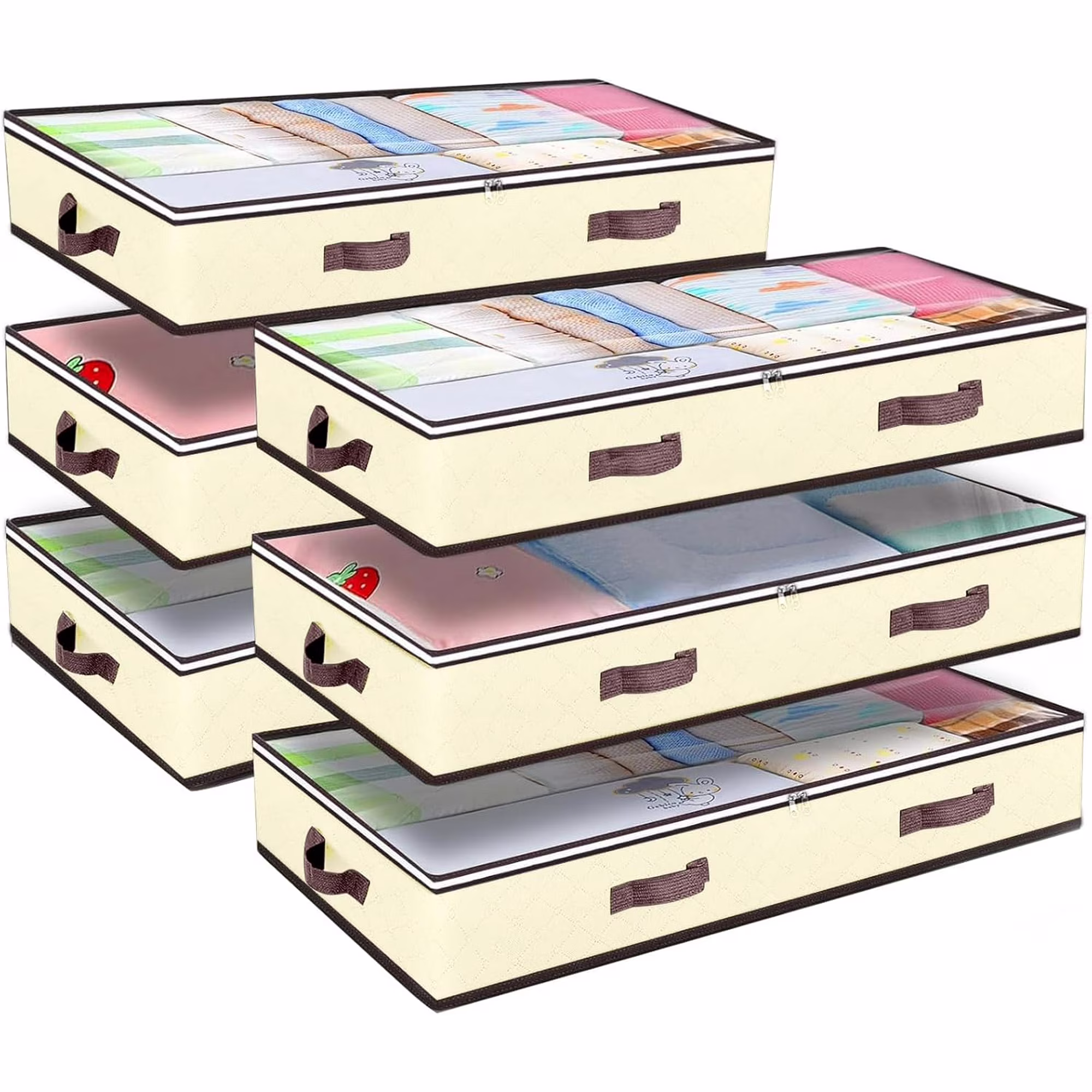 UniMall  6 Pack 90L Under bed Storage Containers Organizer Large Capacity Underbed Clothes Storage Bins Organization and Storage Bedroom Foldable Storage Bags with Clear Window Beige