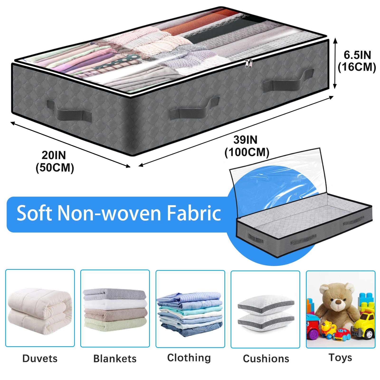 4 Pack Underbed Storage Bins, 90L Foldable Closet Organizers for Linens Sweaters Comforters, Non-Woven Fabric with Reinforced Handles, Grey