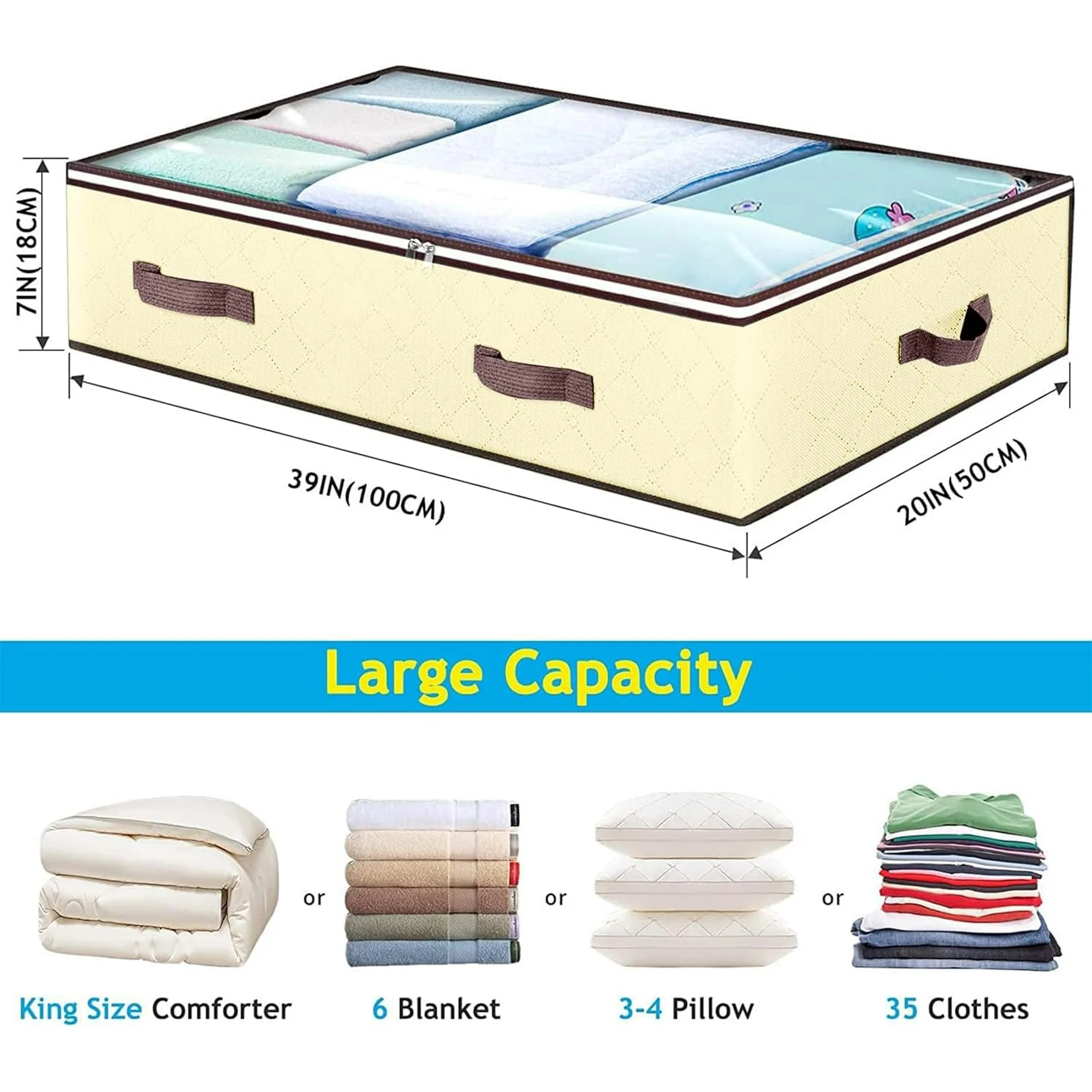 UM 90L Under Bed Storage Containers,Underbed Toy Organizers and Clothing Storage Bags,Closet Storage Bins with Clear Window for Organizing Blanket Comforter Bedding Clothes Bedroom Dorm, 2 Pack Beige