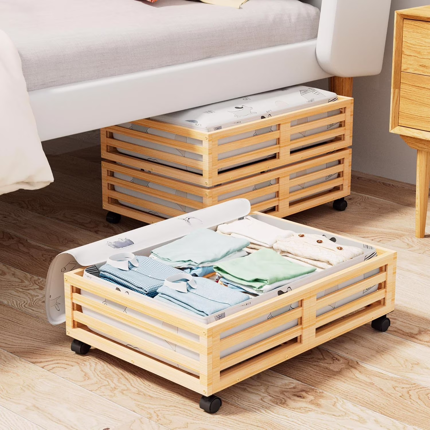 Bamboo Under Bed Storage Containers- Underbed Organizer with Wheels with Large Capacity Dust Bag,Sturdy Wood Rolling Under Bed Shoe Storage Organizer 2 Packs (Nature, 2 Packs (23.62×16.54))