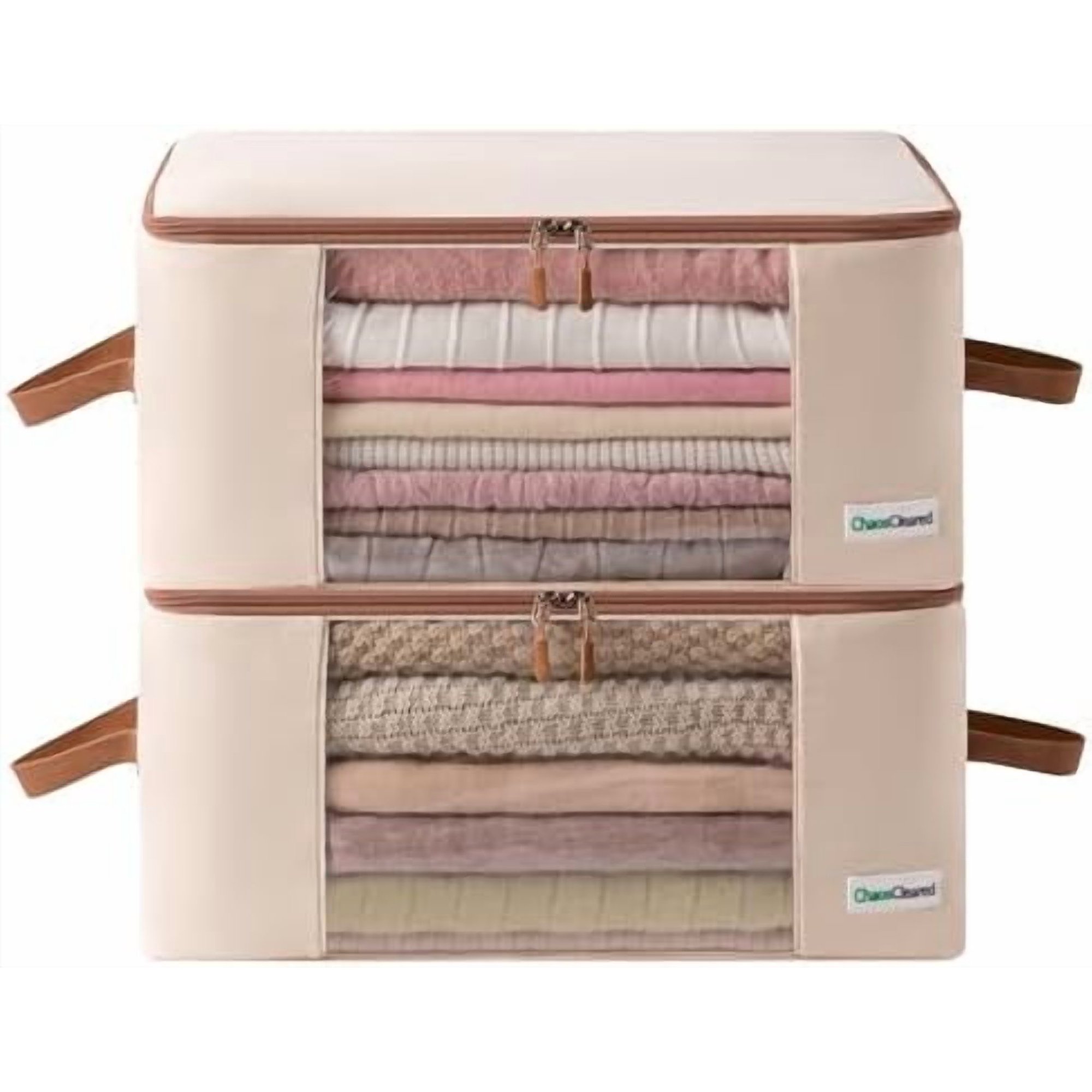 Canvas Clothing Storage 2 Bags Clothes Organizer folding fabric bags for sweaters, clothing, garment, bedding, quilt, linens, large folding organizers with zip & window, mothproof underbed