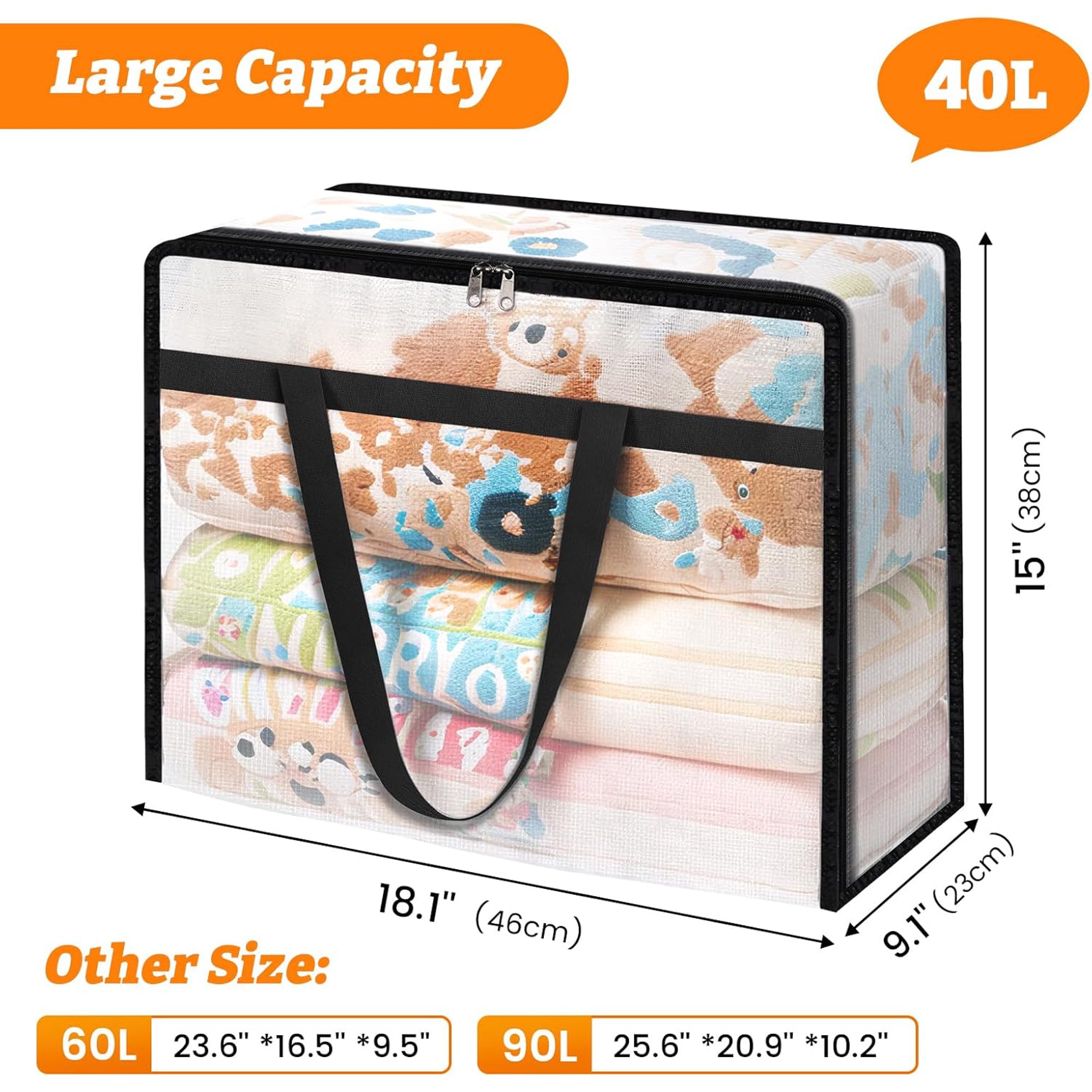 4 Pack Clear Clothes Storage Bags, Moving Bags, Foldable Blanket Storage Under Bed Storage Containers with Sturdy Zipper and Handle for Clothing, Comforter, Bedding, Sheet (40L)