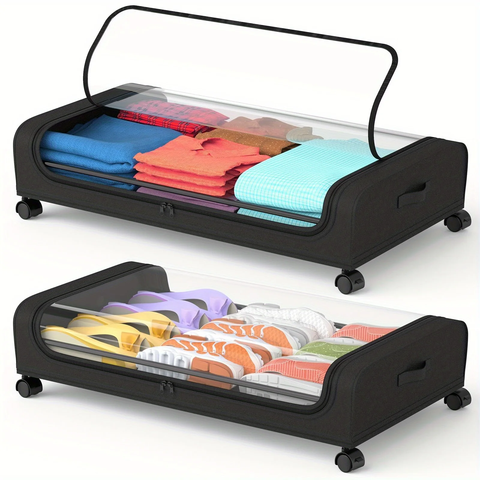 2-Pack XXL Underbed Storage Bins with Wheels, 17.17gal Rolling Organizer with Lid & Zippered Doors for Clothes Shoes Bedding, Fits Queen King Beds