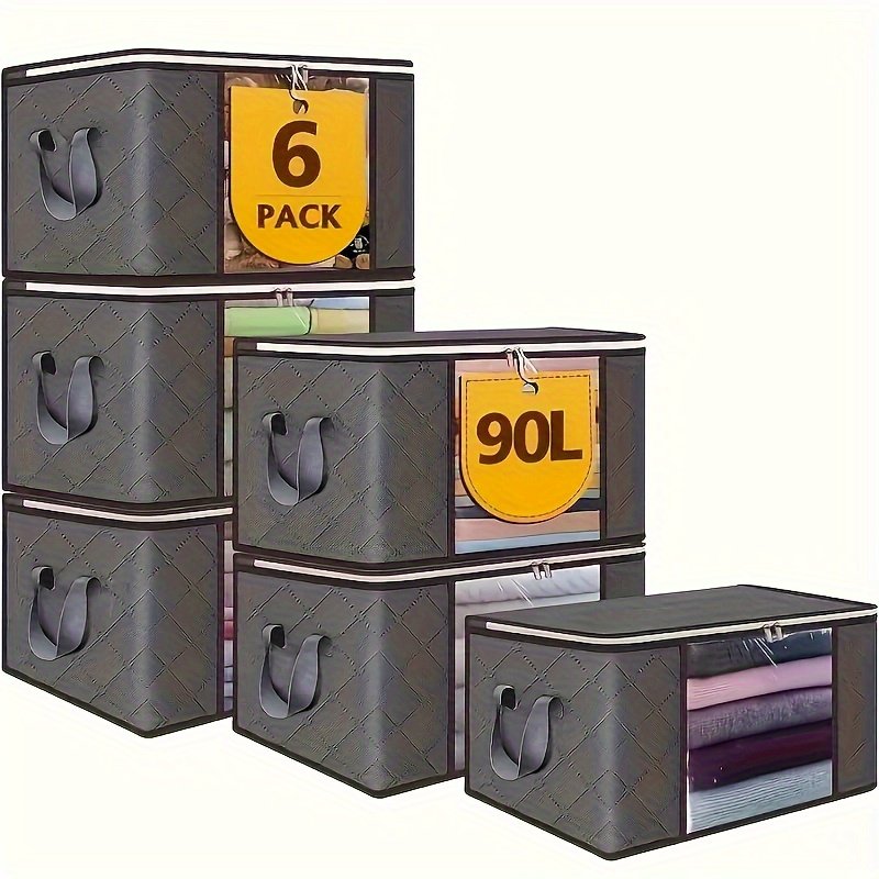 6 Oversized Storage Bags with Zipper & Lid - Durable Folding Clothing Storage Box for Bedding Blankets Pillows Toys, Non-Woven Fabric with Reinforced Handle, Under Bed Storage Solution