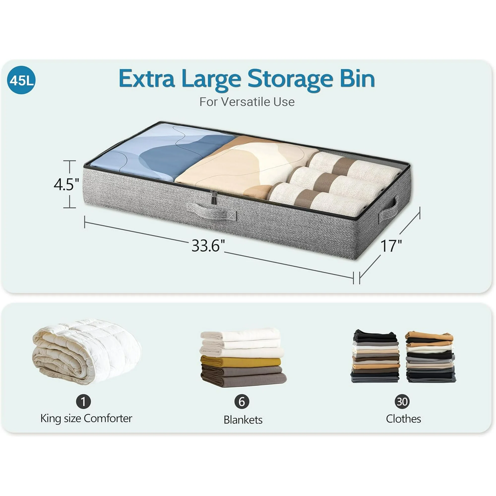 2-Pack Under Bed Storage Containers, 4.5 Inches Tall Low Profile Underbed Clothes Storage Organizer Bin with Sturdy Sidewalls/Bottom, Underbed Storage Bins 2 Storage Thin Bins