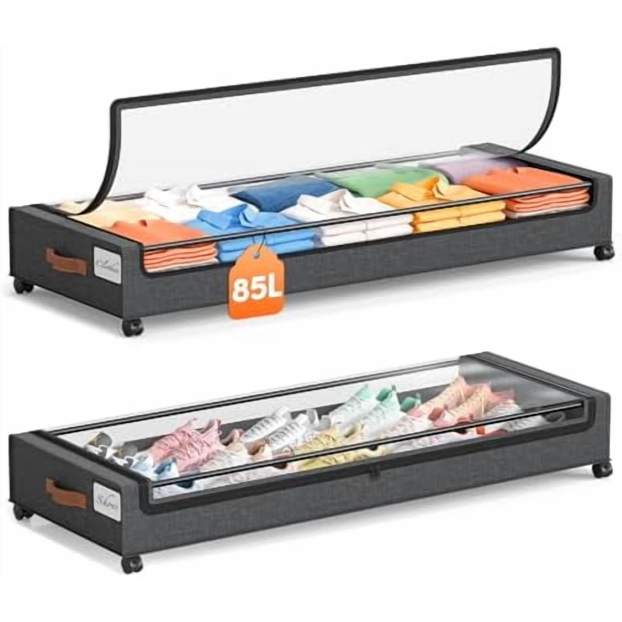 Under Bed Storage with Wheels 2 Pack, 85L Extra Large Under Bed Storage Containers with Metal Frame & Clear Lid, Rolling Underbed Organizer Bins Drawers for Clothes, Shoes, Blankets, Hemp Grey