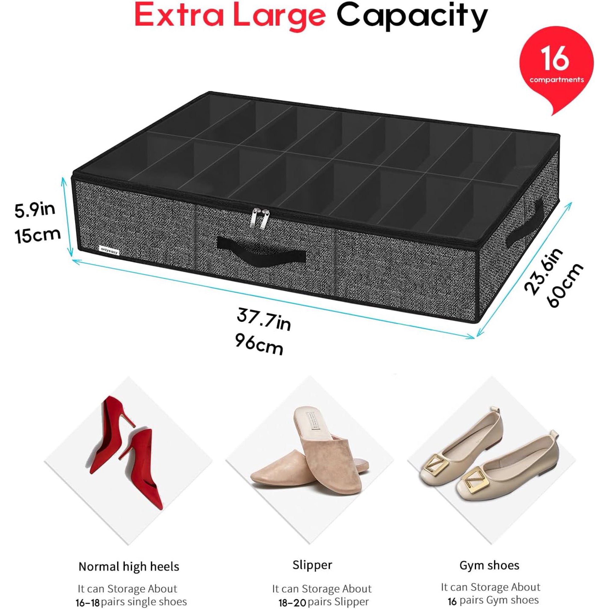 Under Bed Shoe Storage Organizer with Sturdy Handles and Clear Window  Premium Foldable Underbed Shoes Container Box for Closet, Linen-like Black