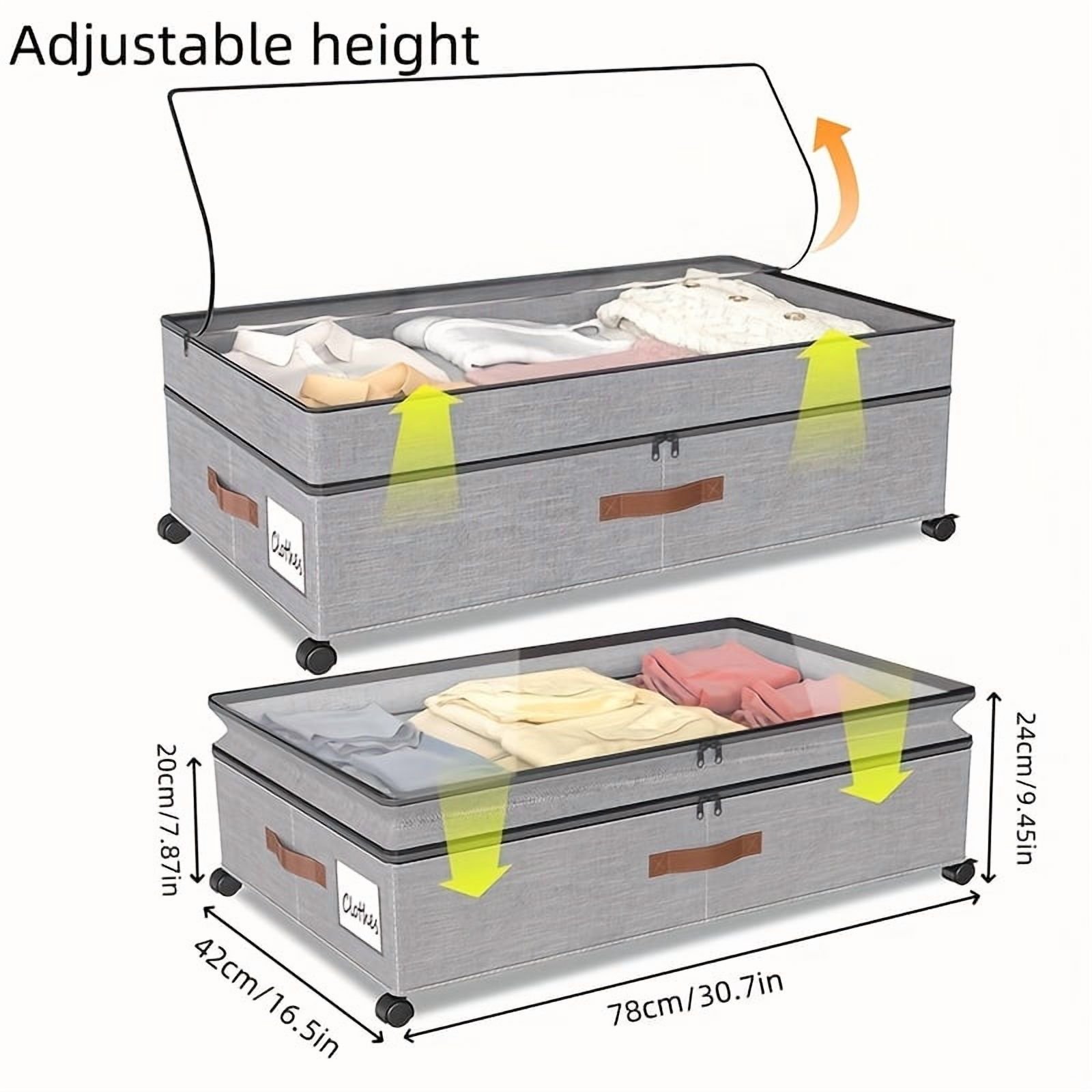 2-Pack Under-Bed Storage Bins with Wheels & Clear Window, Adjustable Height Large Capacity Organizers for Clothes, Shoes, Blankets & Toys