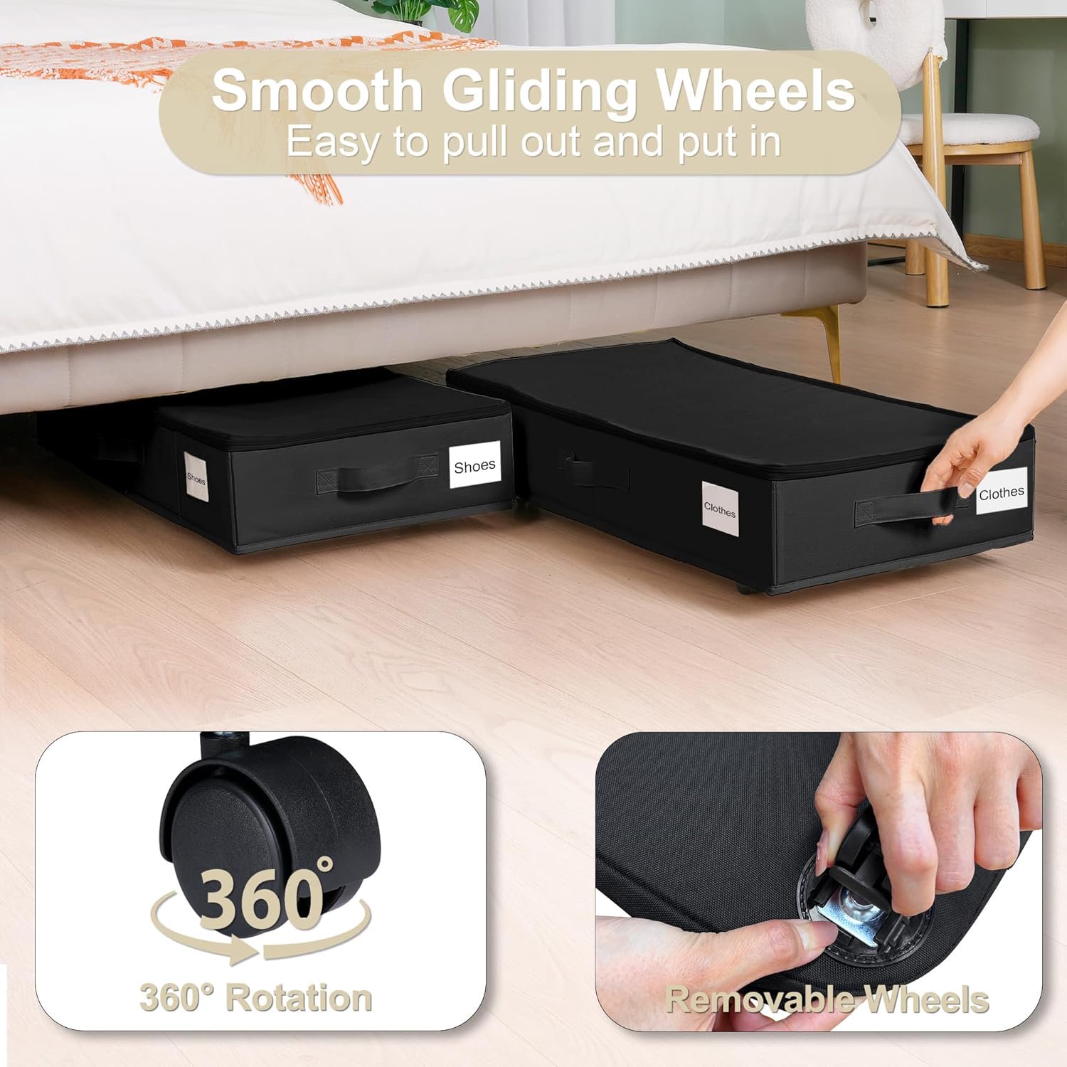 Under Bed Storage with Wheels, 2 Pack Under Bed Storage Containers with Label Holders for Clothes, Shoes and Blankets, Rolling Underbed Shoe Organizer with Cover, Black (30.71x15.7x7.28 in)