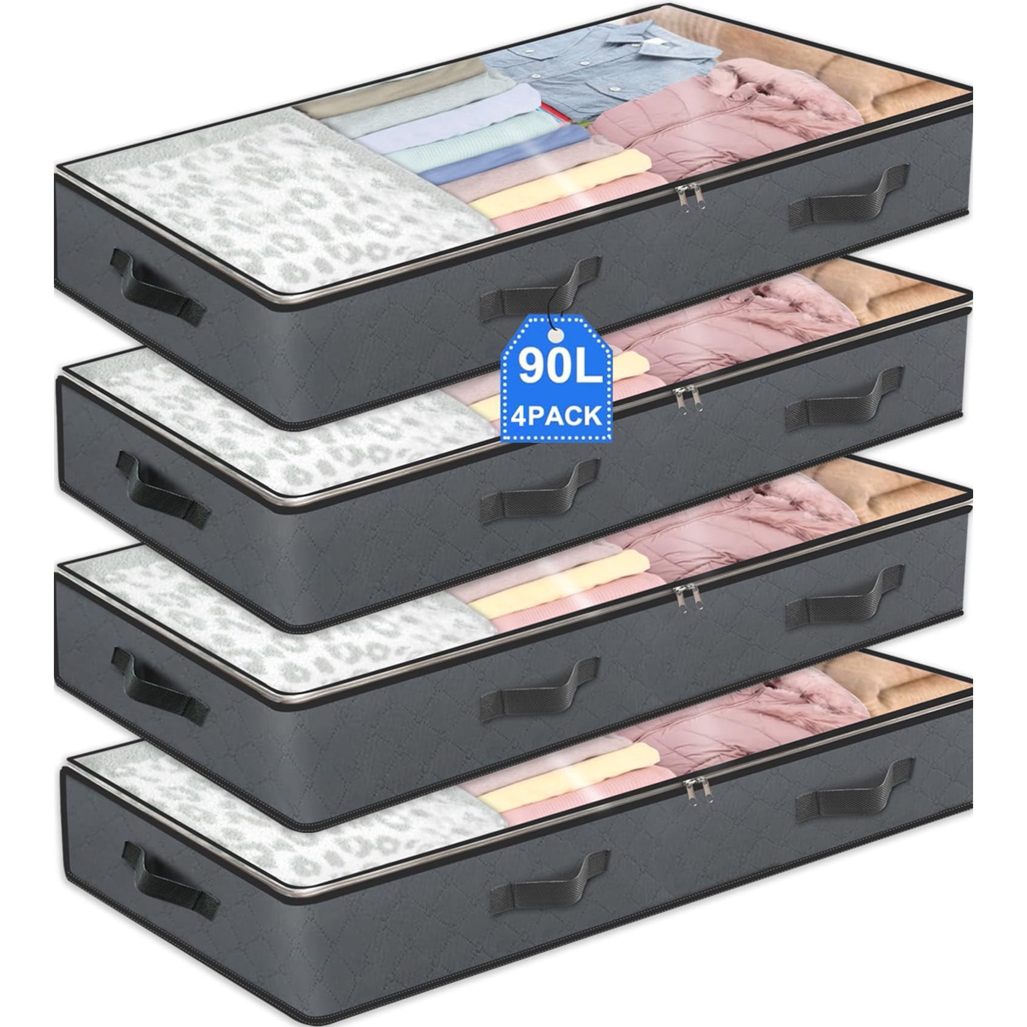 4 Pack Underbed Storage Bins, 90L Foldable Closet Organizers for Linens Sweaters Comforters, Non-Woven Fabric with Reinforced Handles, Grey