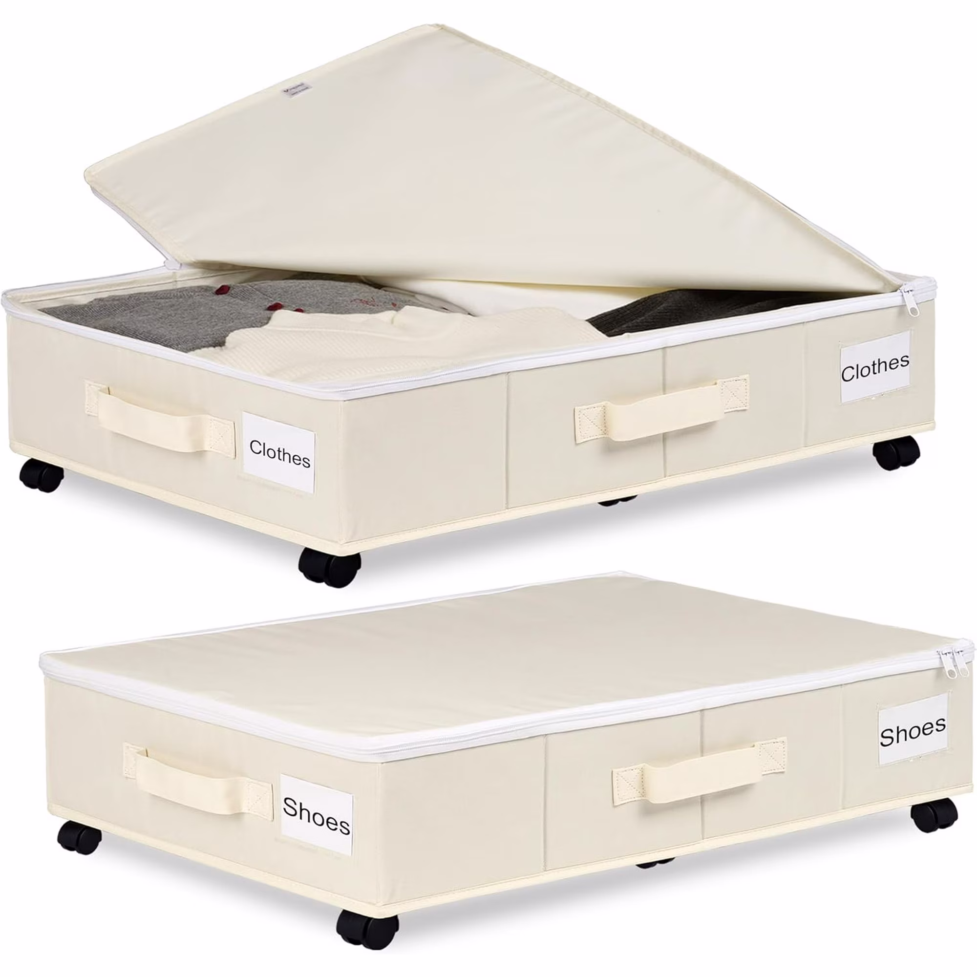 Under Bed Storage with Wheels, 2 Pack Under Bed Storage Containers with Label Holders for Clothes, Shoes and Blankets, Rolling Underbed Shoe Organizer with Cover, Beige (30.71x15.7x7.28 in)